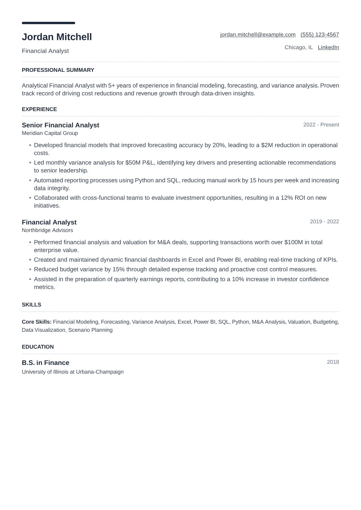 Financial Analyst resume sample, Modern template
