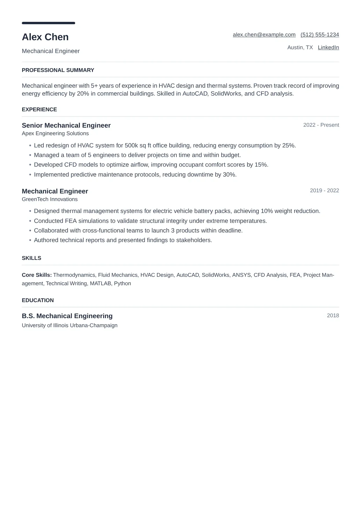 Mechanical Engineer resume sample, Modern template