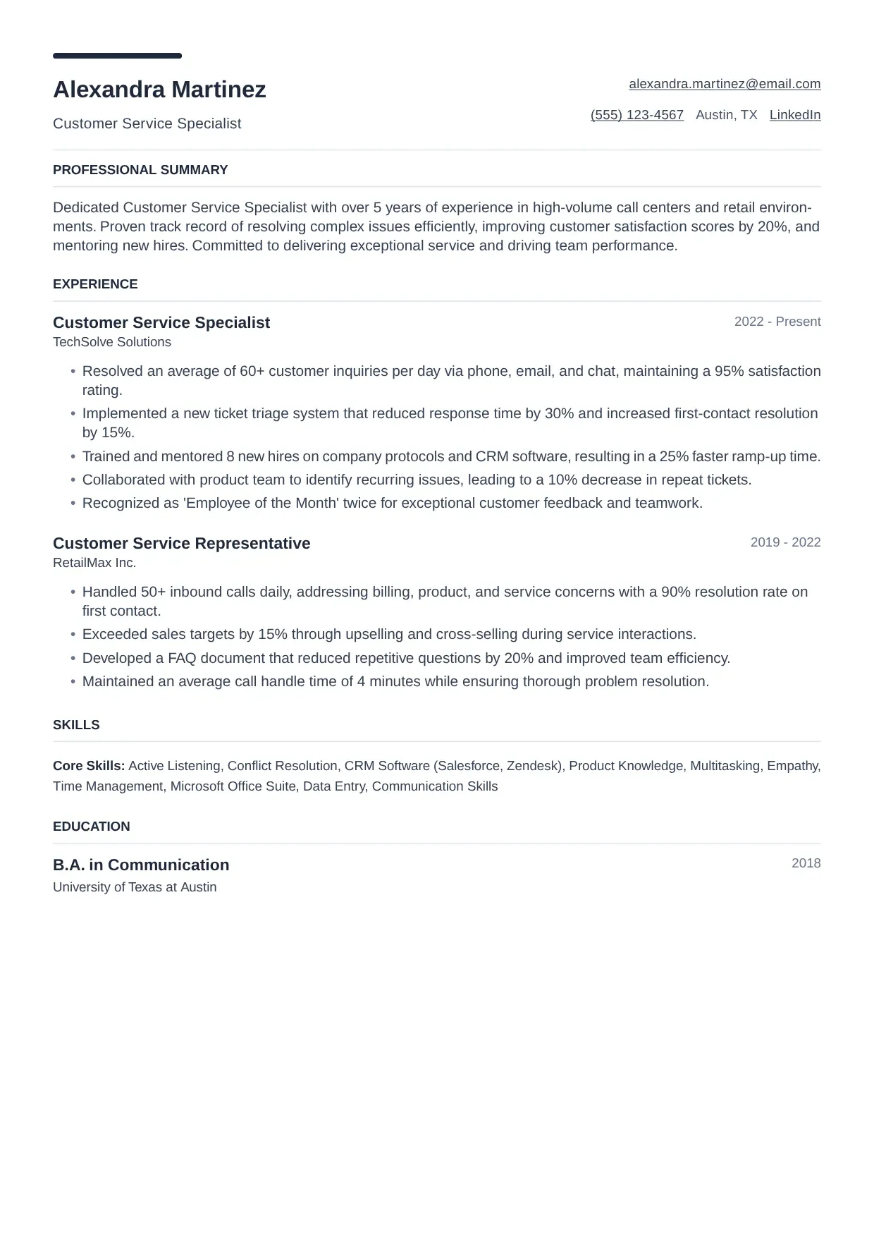 Customer Service Specialist resume sample, Modern template