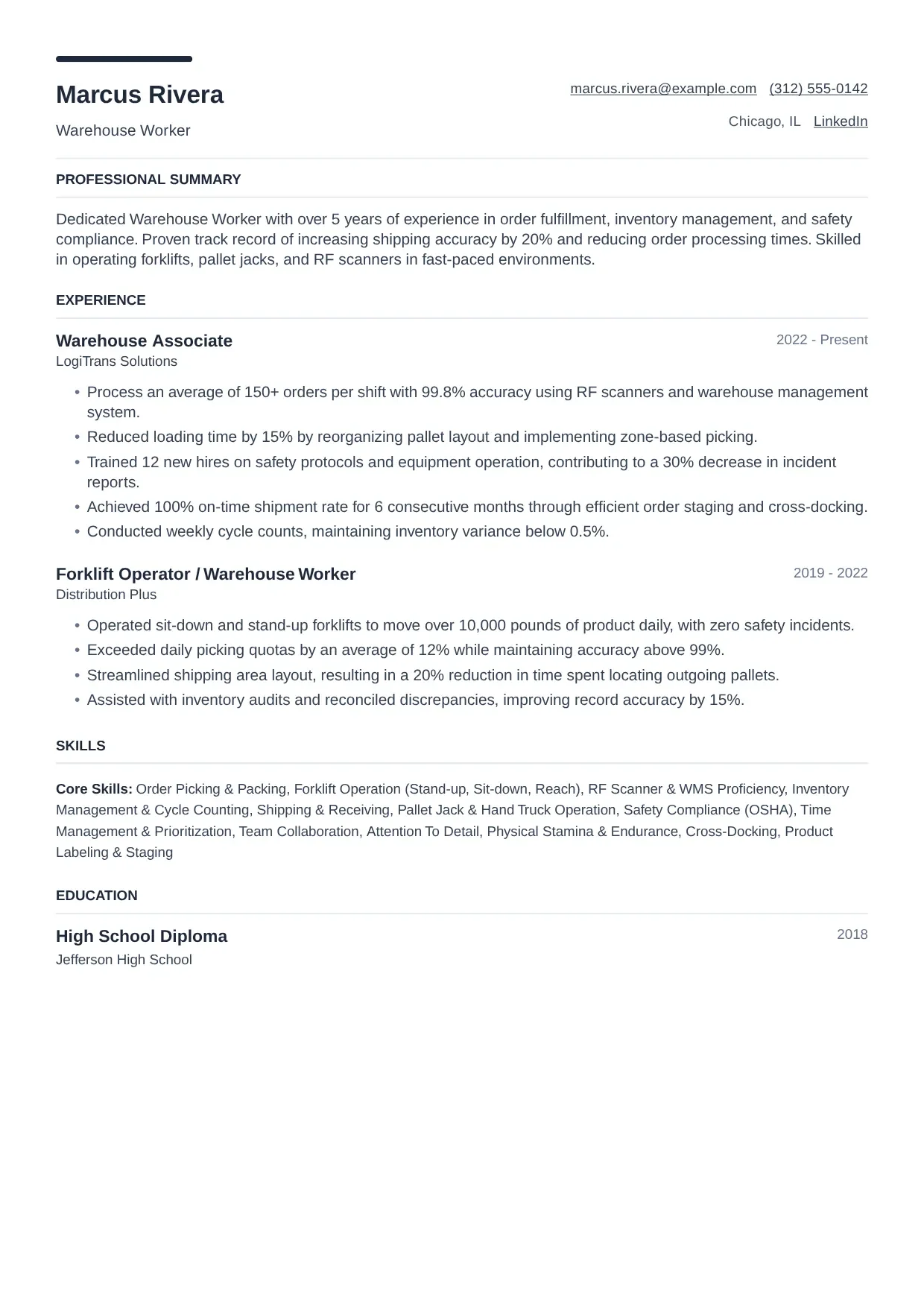 Warehouse Worker resume sample, Modern template