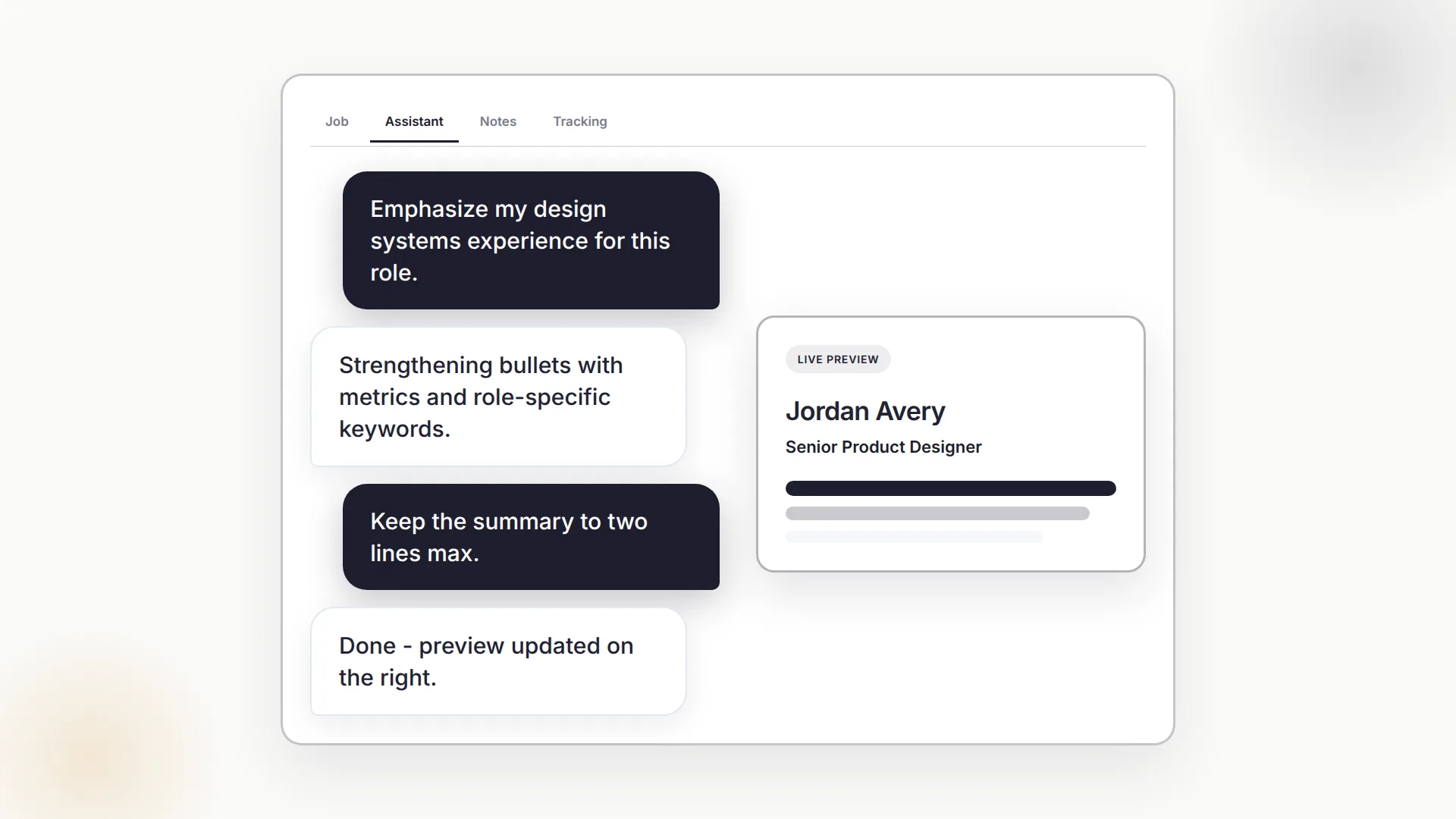Resume tailoring with a proposed edit shown beside the original and approve controls
