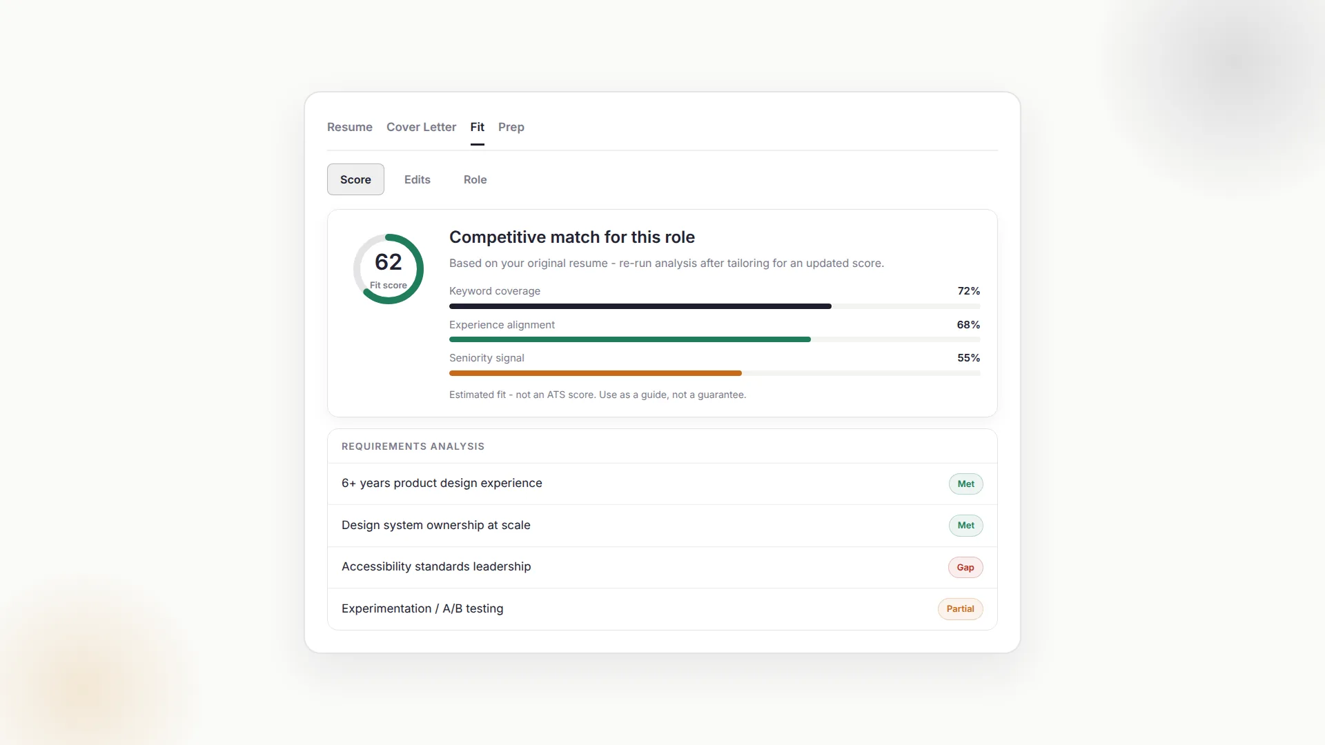 Fit analysis showing a fit score, keyword coverage bars, and a requirements breakdown
