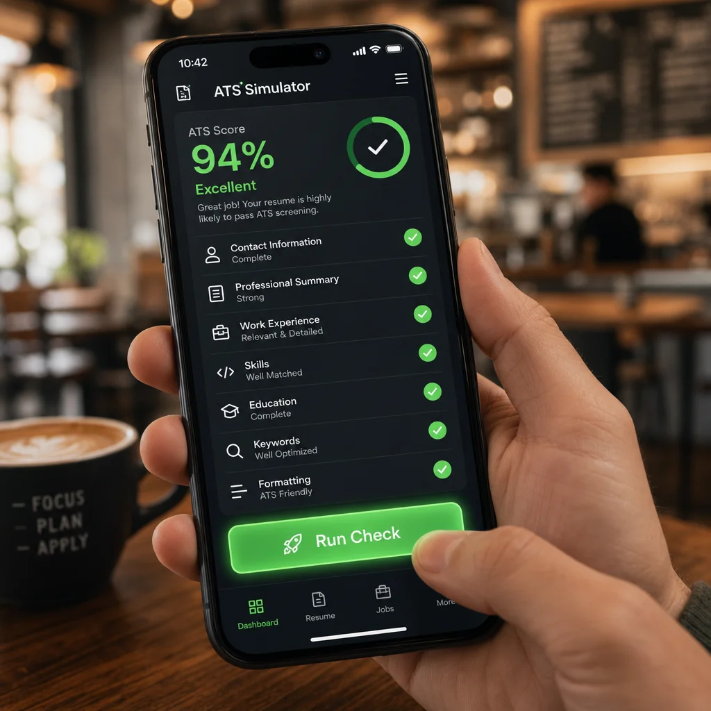A smartphone screen displaying an ATS simulator tool, with check marks next to each section and a green score at the top. The user's thumb is hovering over the "Run Check" button. The background is a blurry image of a coffee shop, suggesting mobile usage.