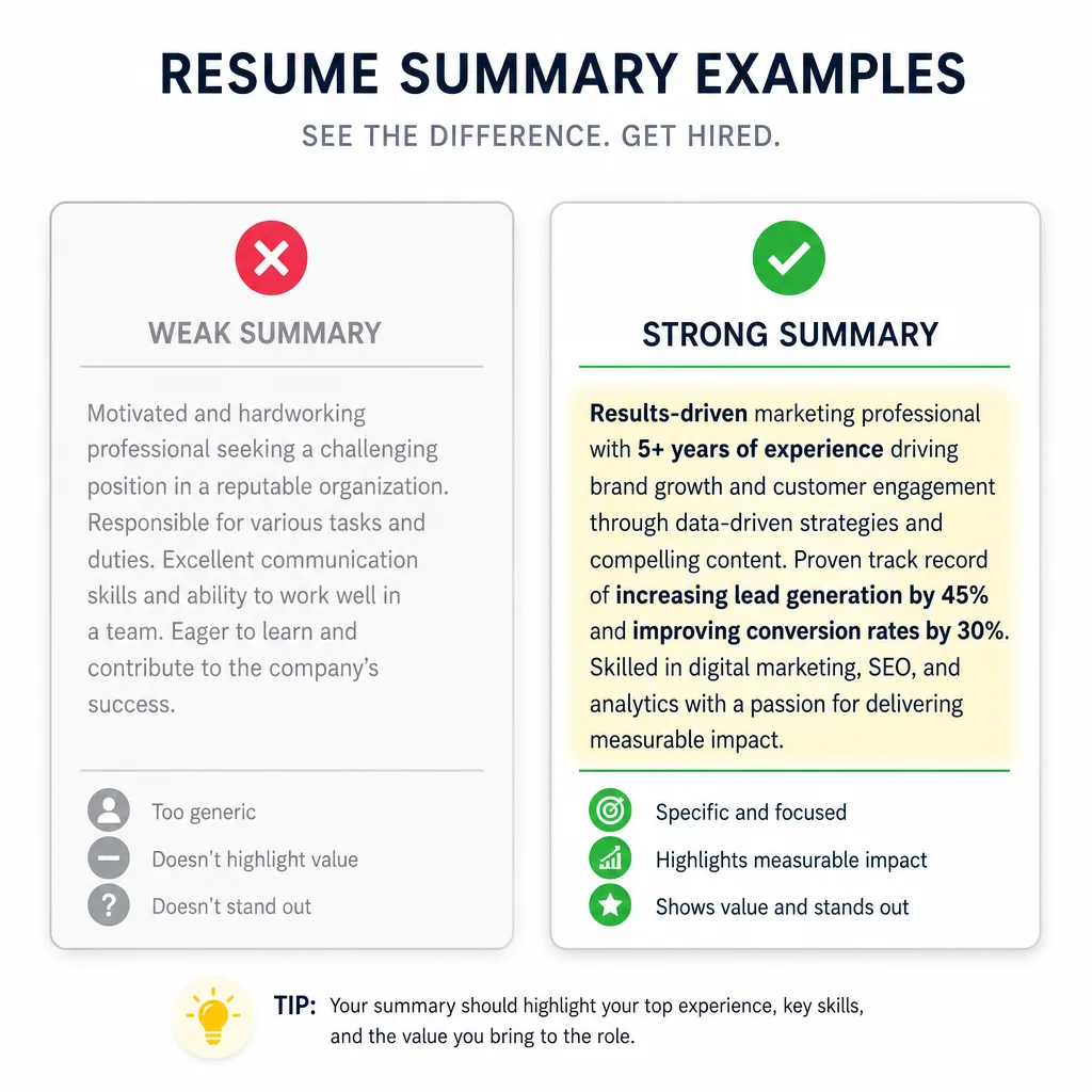 Side-by-side comparison mockup of a resume with a generic summary on the left (grayed out, frowning face icon) and a tailored summary on the right (highlighted in green, checkmark icon), clean flat design