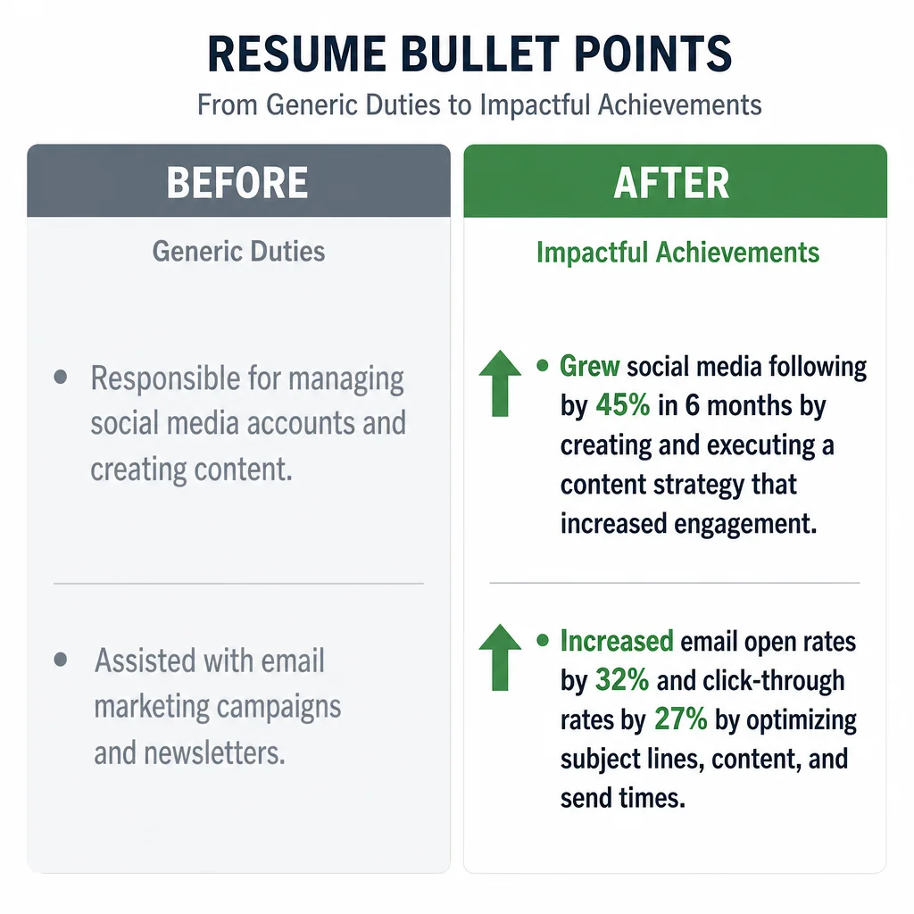 Before-and-after resume bullet points diagram, "Before" side showing generic duty statements in faded text, "After" side showing bold quantified achievements with green upward arrows, infographic style