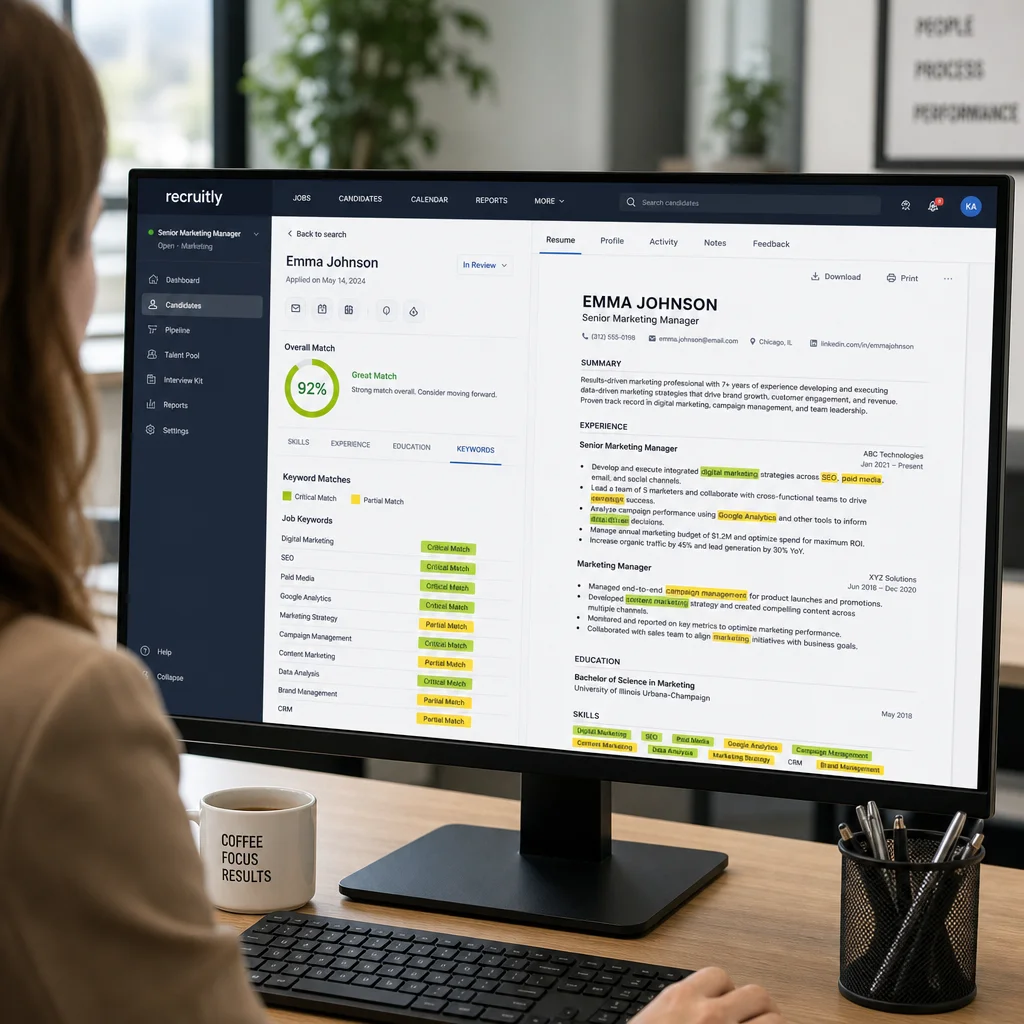 A recruiter's computer screen showing an ATS software interface with keyword matching highlights in yellow and green, the resume on the right side of the screen, professional desk setup with coffee mug
