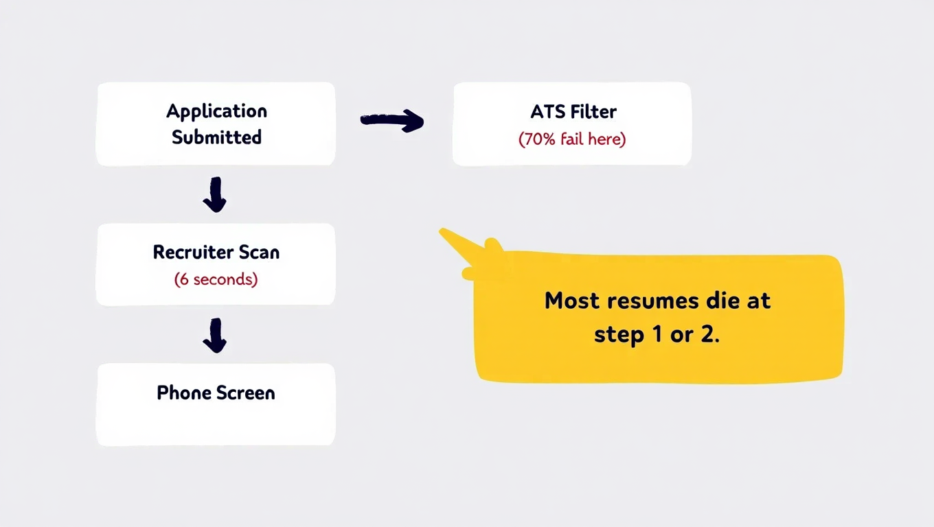  A simple flowchart showing: Application Submitted → ATS Filter (70% fail here) → Recruiter Scan (6 seconds) → Phone Screen. With callout: 'Most resumes die at step 1 or 2.'