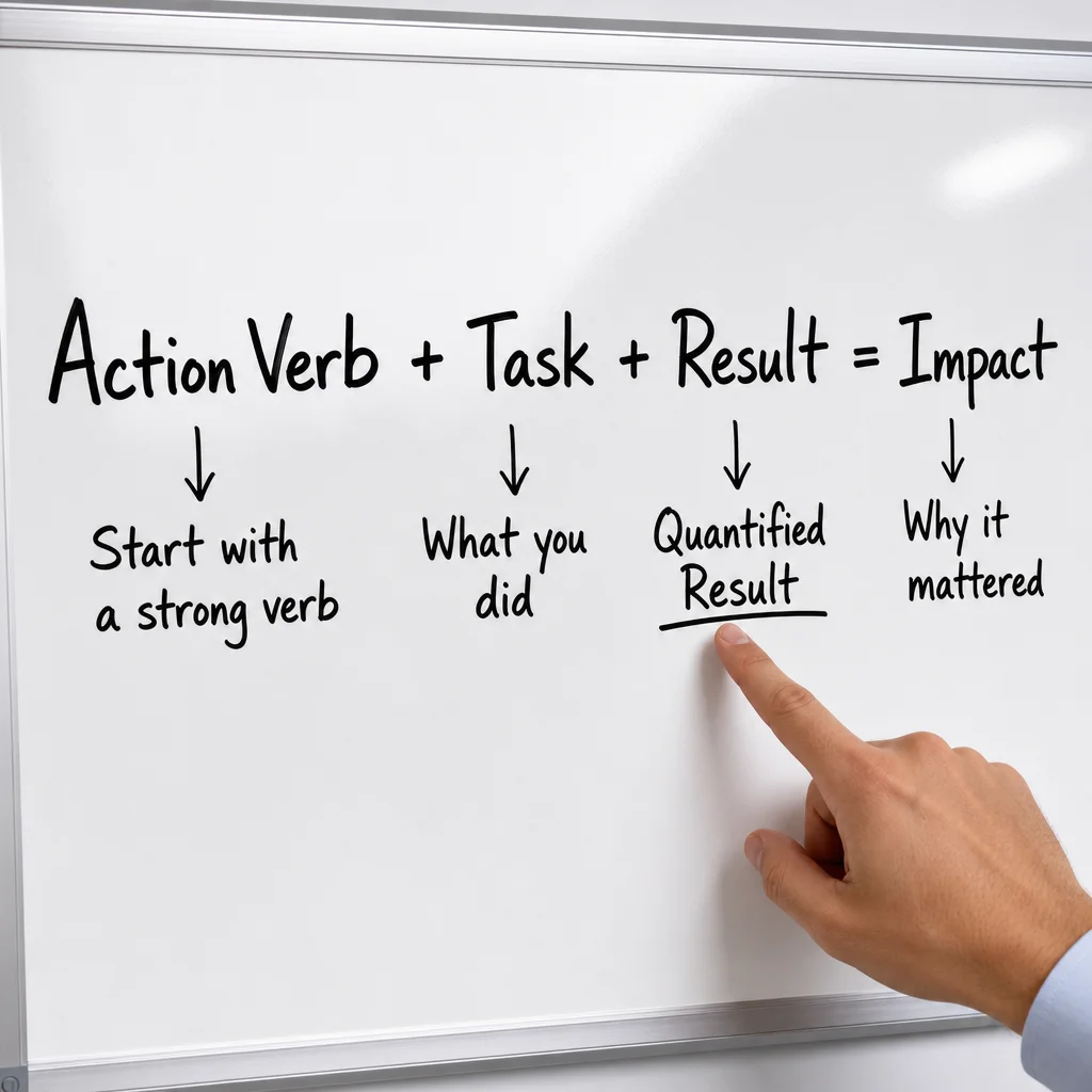 A close-up of a whiteboard with the 'Action Verb + Task + Result' formula written in marker. A hand is pointing to the 'Quantified Result' part. Bright lighting, clean board, minimal distractions.