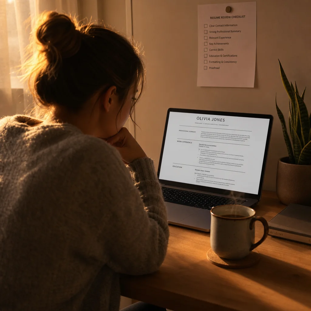 A person sitting at a laptop, reviewing a resume on screen with a checklist printout pinned above the monitor. The room has soft evening lighting, a mug of tea on the desk, and a plant in the corner. Comfortable, focused atmosphere.