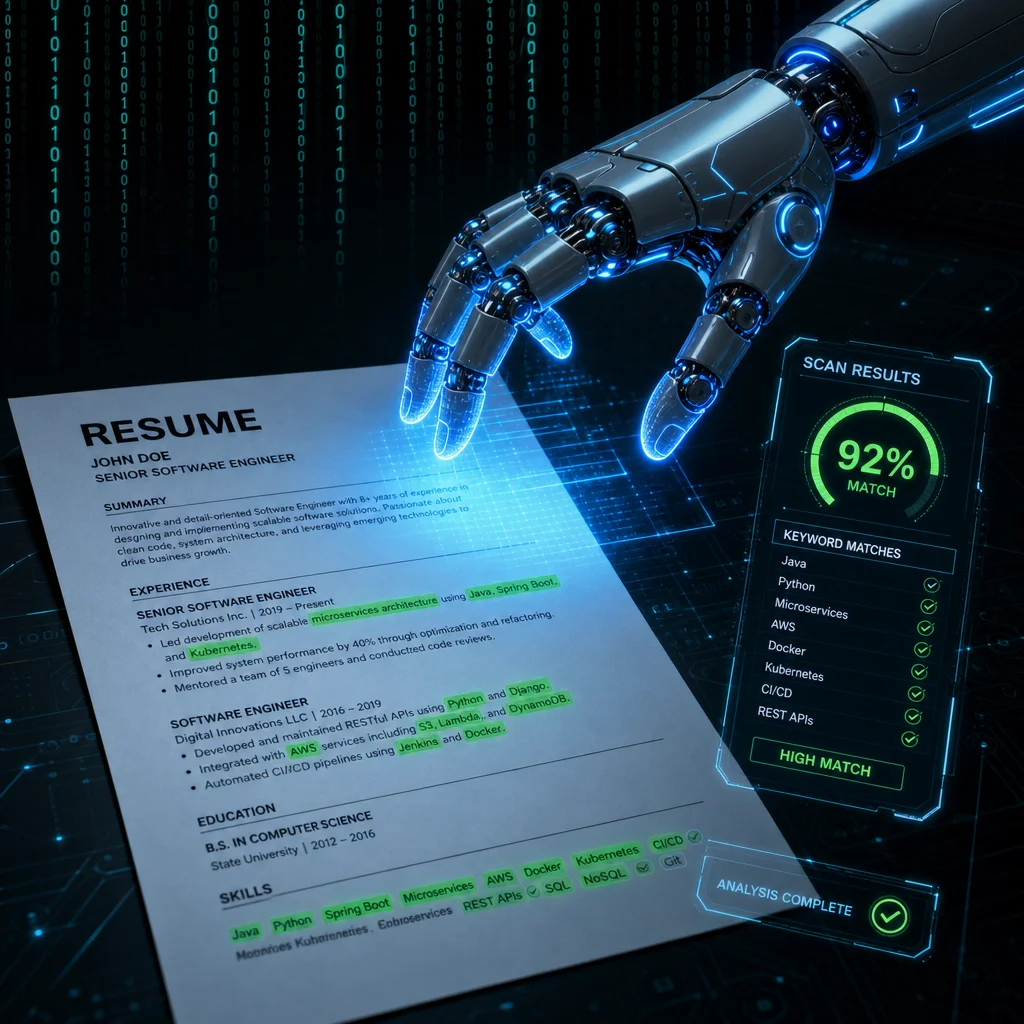 A futuristic digital illustration of a robotic arm with a glowing blue hand scanning a resume document, binary code streams fading into the background, the screen overlay showing keyword matches with green highlights