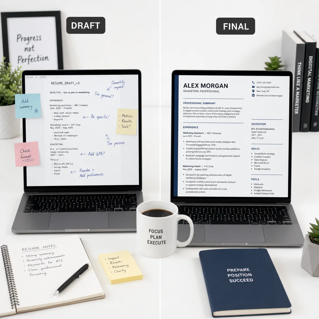 A split-screen scene showing two open laptops side by side on a modern desk, the left screen displaying a messy draft with handwritten notes scattered around, the right screen showing a polished final resume with a clean professional layout, a coffee cup between them