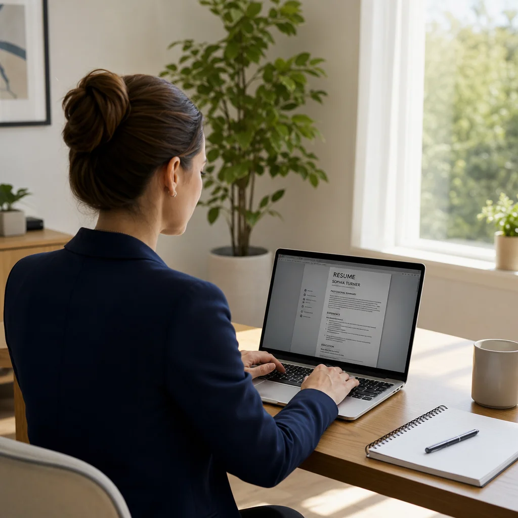 A professional woman in a bright home office types on a laptop with a notepad beside her. The scene feels productive and modern. Shot from behind showing the computer screen with a resume document partially visible. Natural daylight, soft shadows, clean composition.