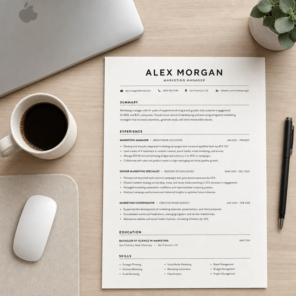 A close-up overhead shot of a desk showing a laptop, coffee mug, and a printed single-column resume. The resume has clear section headings and simple bullet points. Bright, clean, organized workspace. Neutral colors, flat lay style.