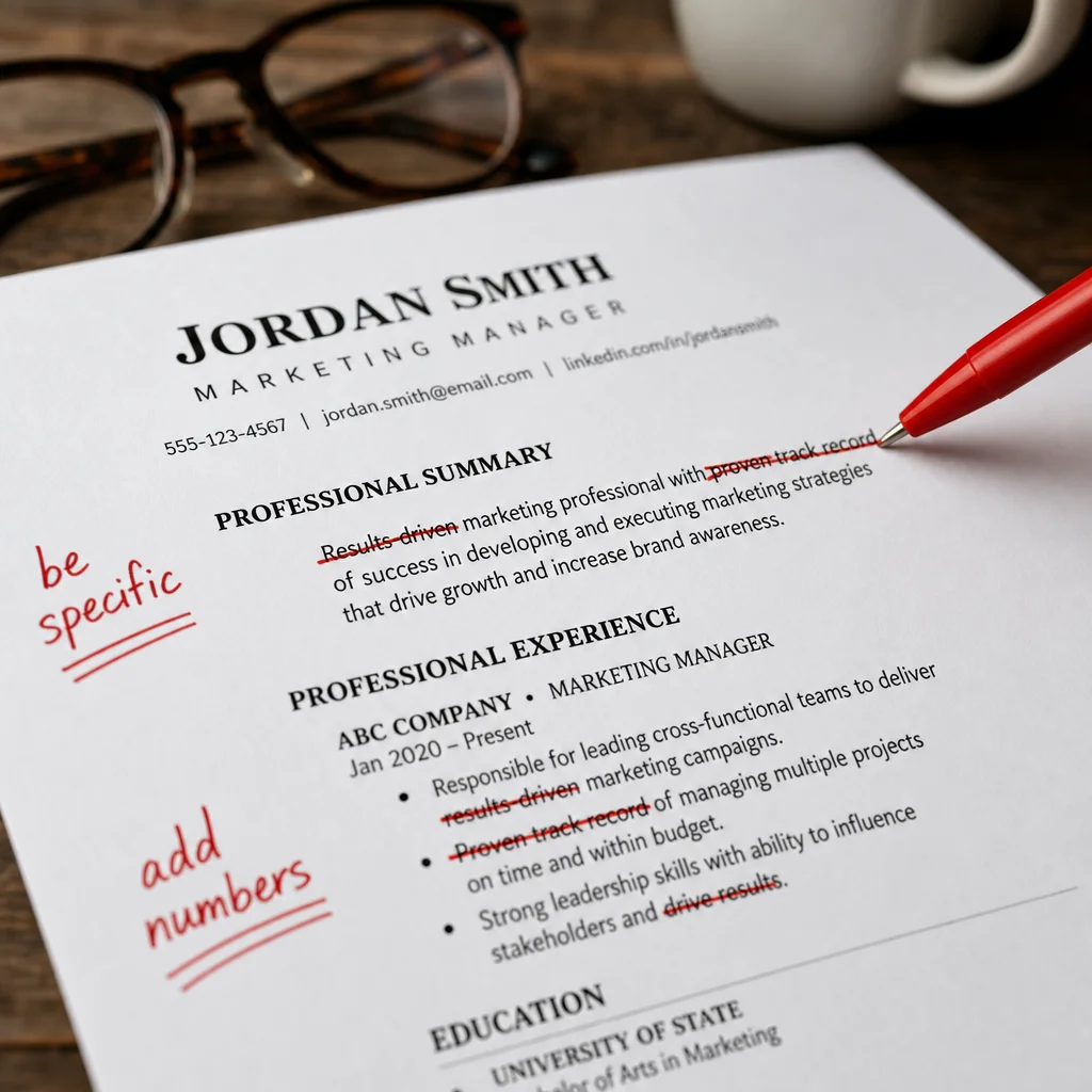 A close-up of a printed resume sitting on a wooden desk next to a coffee cup and reading glasses. A red pen marks through generic phrases like 'results-driven' and 'proven track record,' with handwritten notes in the margins saying 'be specific' and 'add numbers.' High contrast, editorial style.
