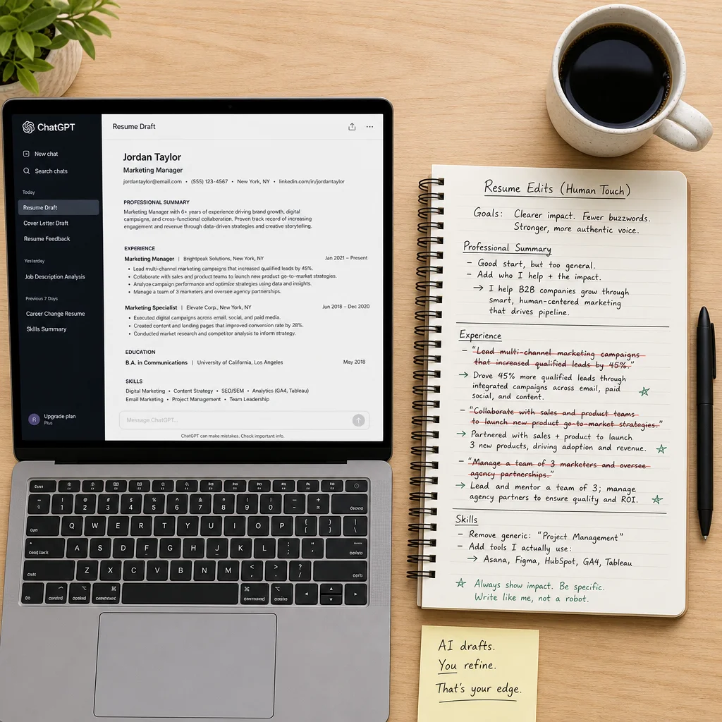 A workspace split into two halves. Left half: a laptop displaying the ChatGPT interface with a draft resume. Right half: a handwritten notebook with bullet points, crossed-out phrases, and a coffee mug. The contrast shows the AI draft on the left and the personalized human edit on the right. Top-down flat lay, bright desk lighting.