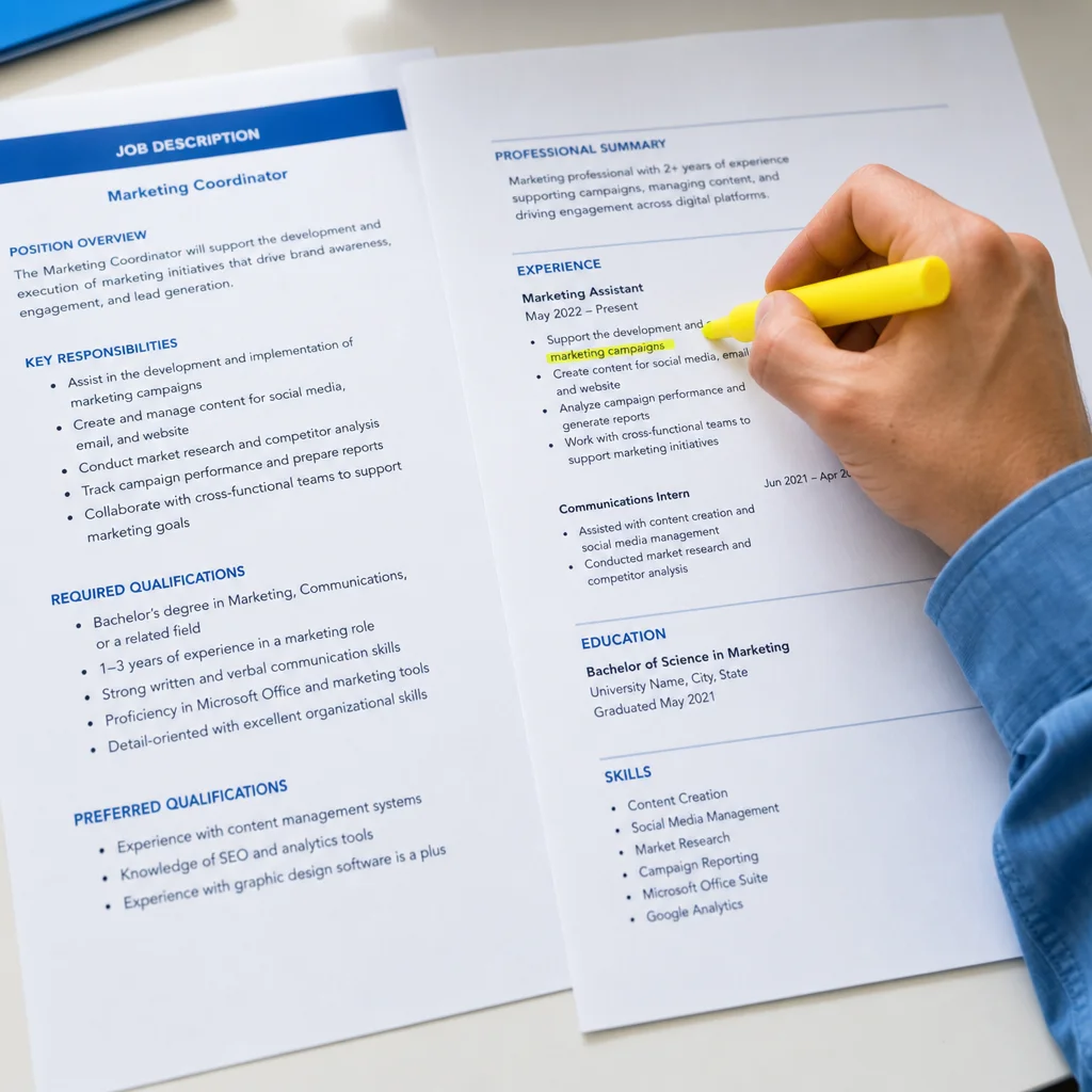 Close-up overhead shot of a printed job description and a resume side by side, hands holding a highlighter marking matching ATS keywords on both documents, bright desk lighting, shallow depth of field, blue and yellow accent colors