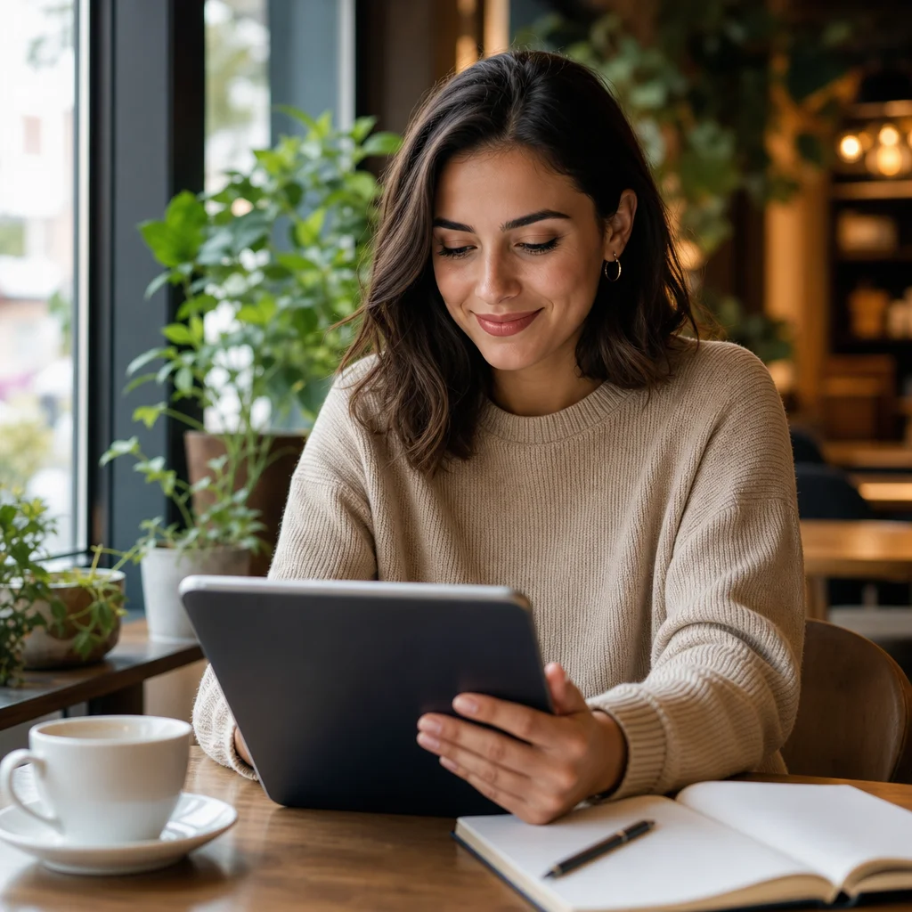 A confident job seeker reviewing a polished, tailored resume on a tablet in a bright cafe, coffee cup and notebook on the table, natural window light, candid medium shot, green plants in the background