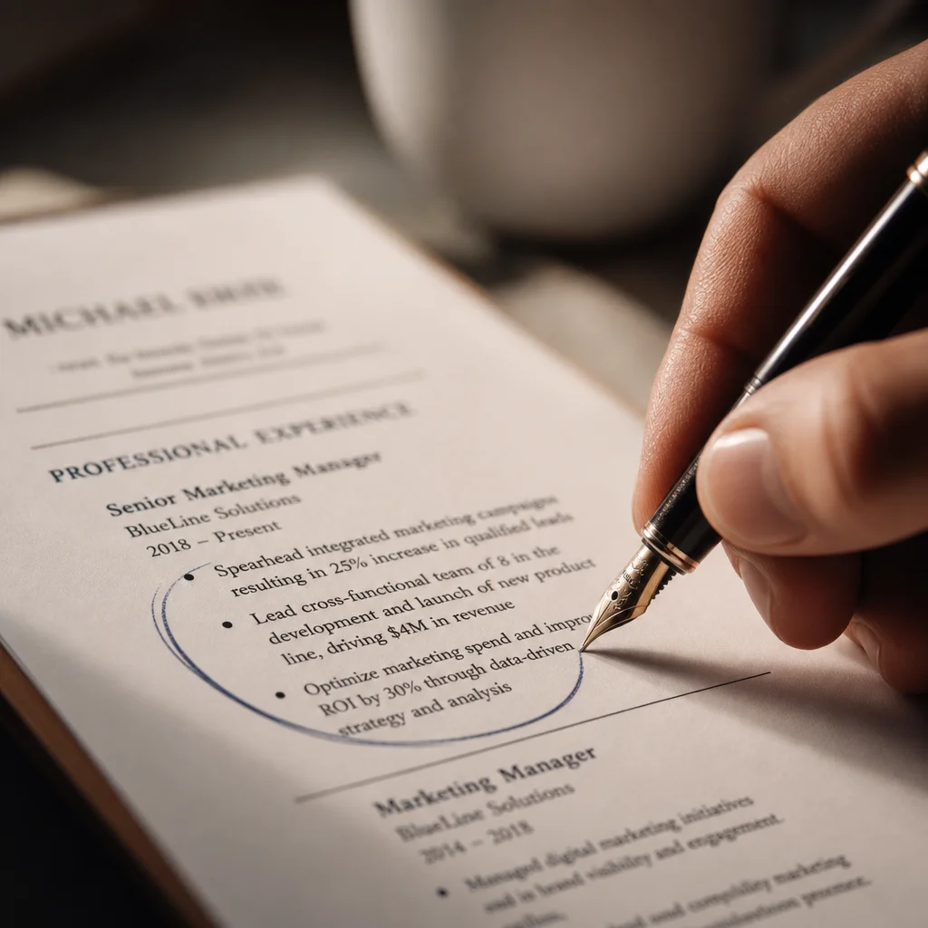 A close-up of a hand holding a black pen, circling bullet points on a printed resume. The resume is partially visible, showing a mid-career professional's experience section. A coffee cup sits in the background. The lighting is warm and slightly dramatic, focusing the eye on the pen and the circled text.