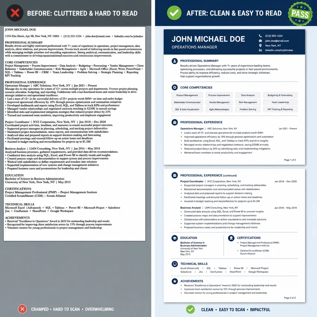 A split-screen illustration. Left side shows a cluttered, dense single-page resume with tiny font and no margins. Right side shows a clean two-page resume with generous white space, clear section headers, and readable bullet points. The right side has a subtle green "PASS" badge in the corner. The color palette is professional blues and grays.