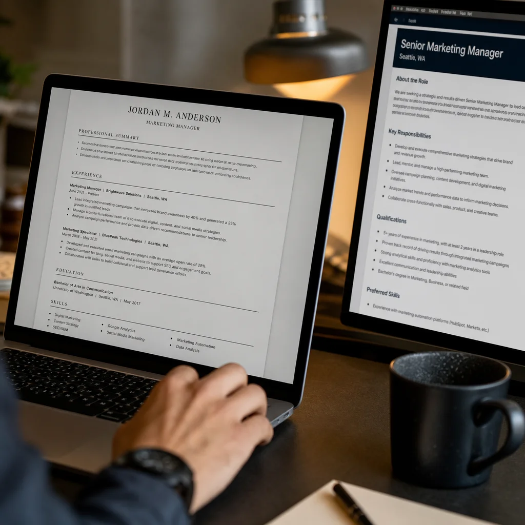 Person tailoring a resume next to a job description on screen