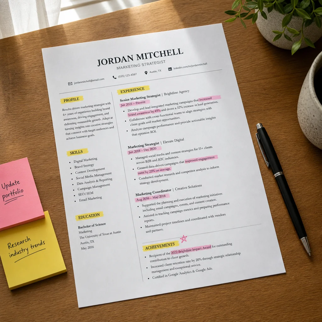 Printed resume highlighted with colored markers on a desk