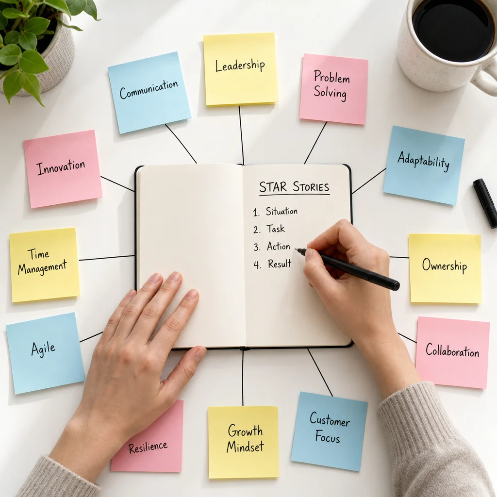 Close-up top-down view of hands writing in a notebook, surrounded by colorful sticky notes representing different job requirements connected by hand-drawn lines to a central list of STAR story examples, in a bright airy study with soft natural light
