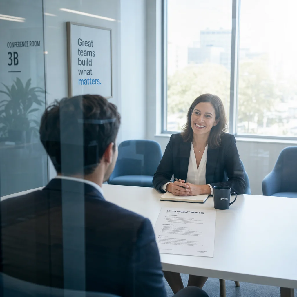 Modern conference room scene through a glass wall, showing the back of a candidate's head as they sit opposite an interviewer, a job description printout visible on the table between them, with cool blue tones and bright window light creating a professional, optimistic atmosphere
