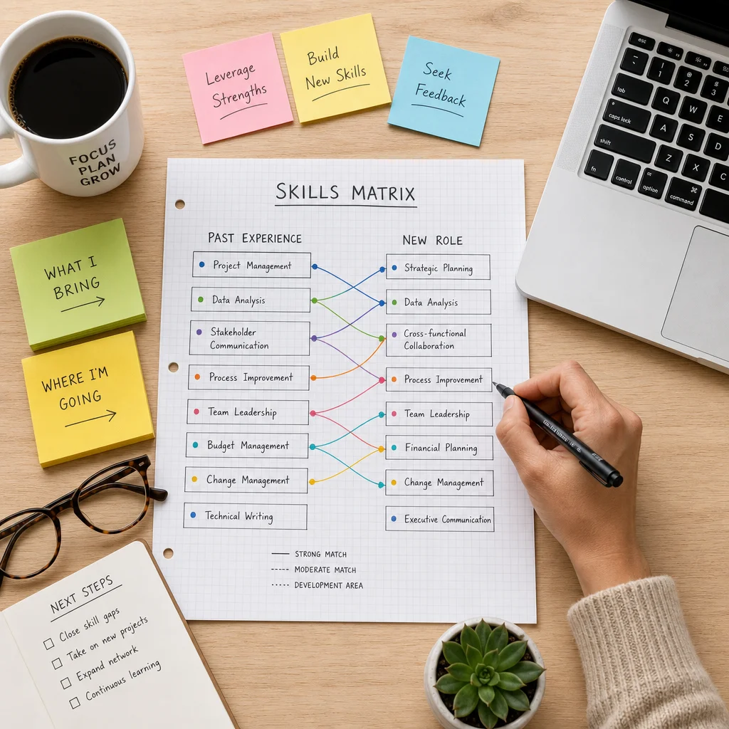 Top-down view of a desk with a skills matrix worksheet connecting past experience to new role requirements