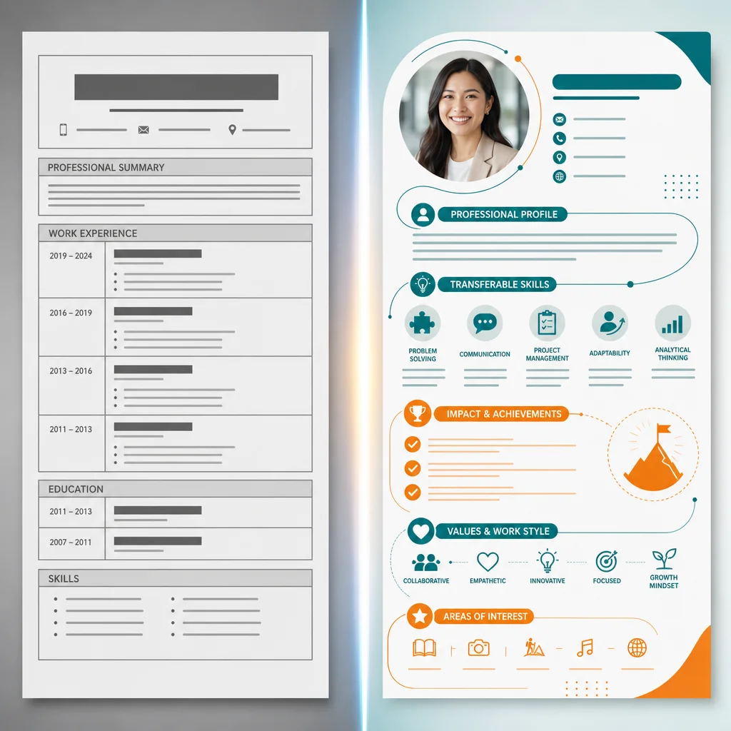 Image: [Split-screen illustration comparing a chronological resume to a modern transferable-skills resume]
