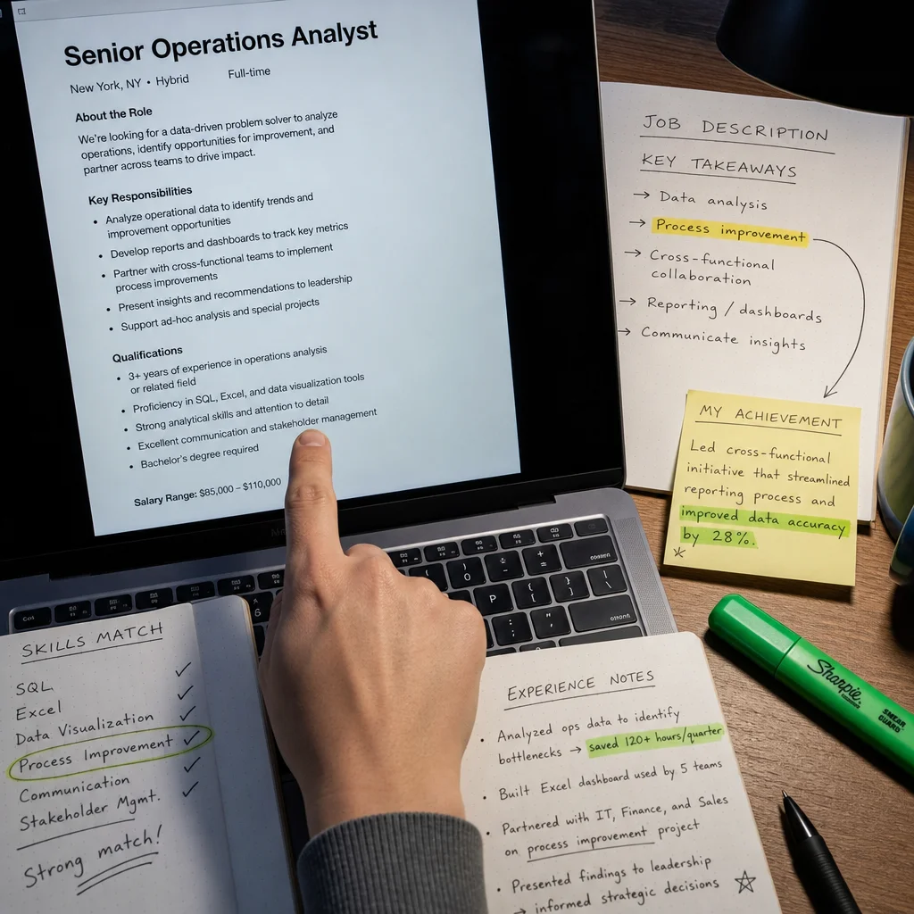 Matching job requirements to achievements with handwritten notes beside an open laptop