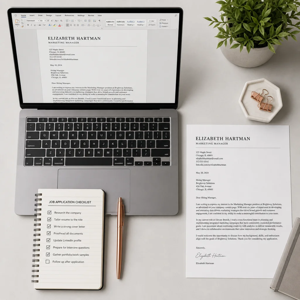 Final cover letter review checklist flat-lay with a laptop and copper pen
