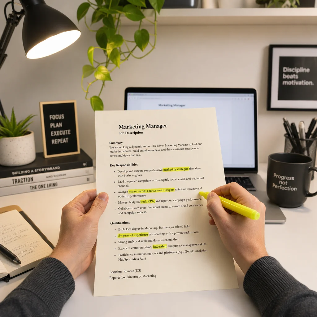 A person sitting at a desk with a laptop open, a printed job description in one hand, and a yellow highlighter marking key phrases on the paper. Bright desk lamp lighting, medium shot focused on the hands and document, clean modern workspace with a plant in the background.