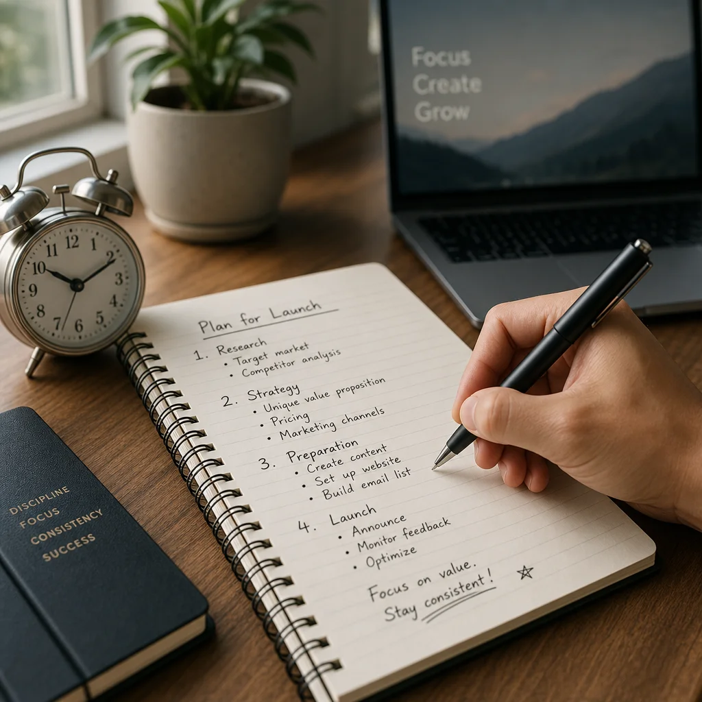 A person writing in a notebook on a clean desk next to a laptop. The notebook page shows a structured list with numbered steps and bullet points. Soft daylight from a nearby window, macro composition focused on notebook, small alarm clock showing time visible in frame.