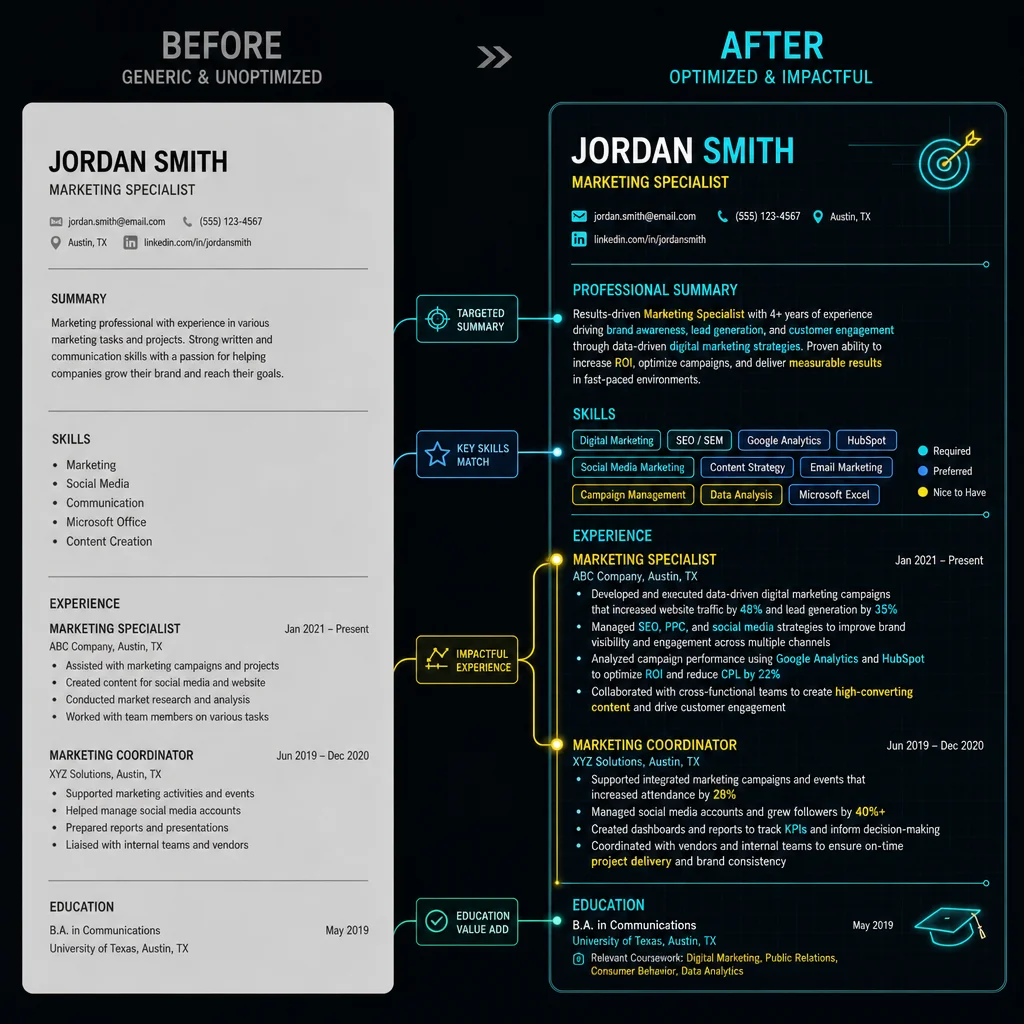 Side-by-side illustration of a generic resume with a gray filter beside the same resume with highlighted keywords and color-coded job description matches