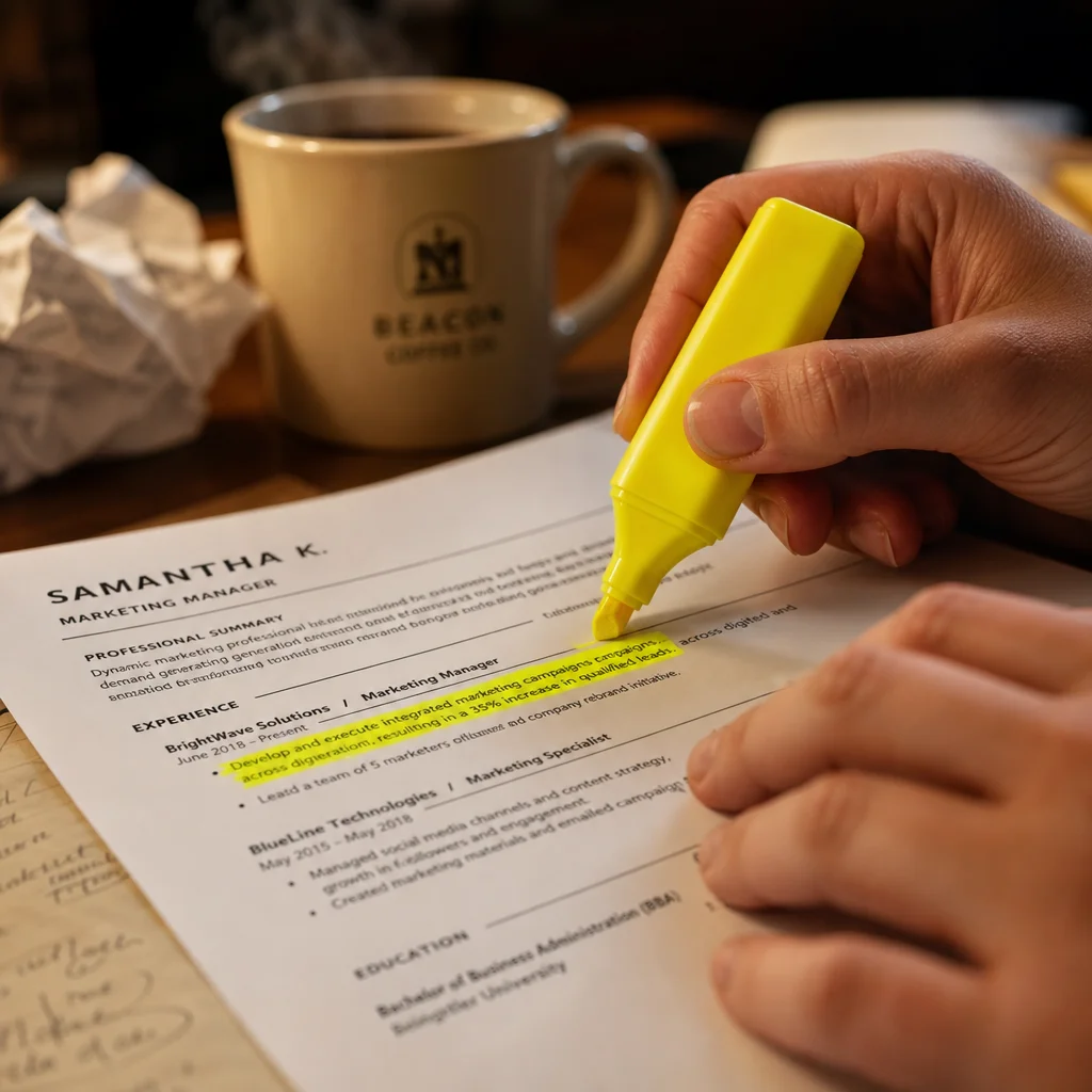 Close-up of hands highlighting printed resume text with a yellow highlighter, a coffee mug and handwritten notes blurred in the background