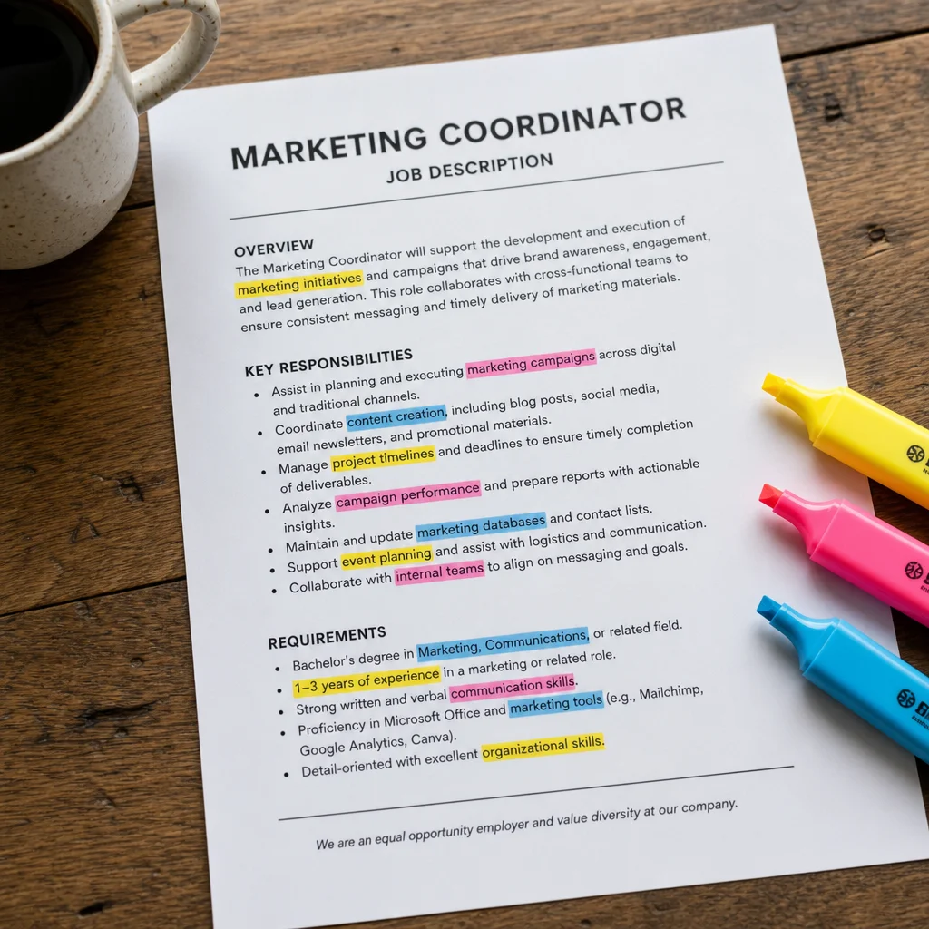 A close-up overhead shot of a printed job description on a wooden desk, with multiple colored highlighters marking different keyword categories. A coffee mug is in the corner.