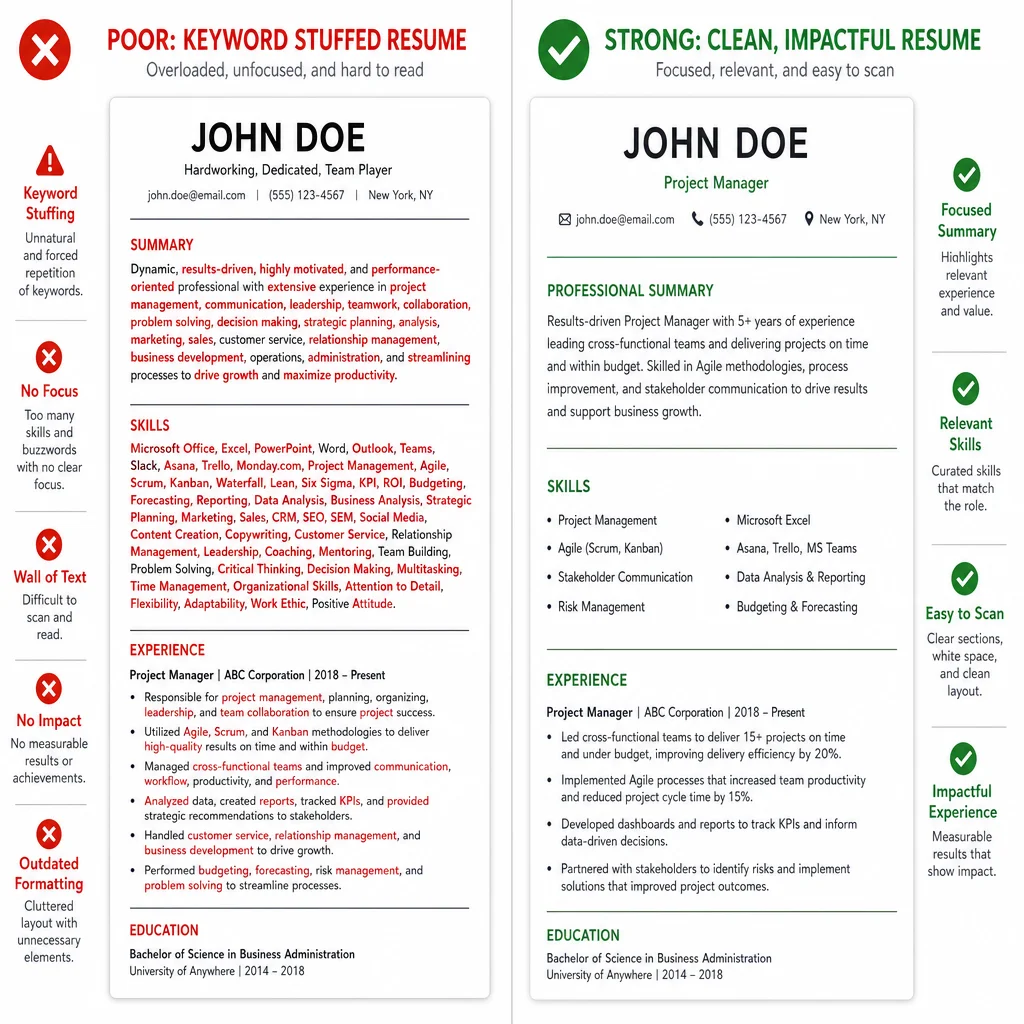 A split-screen digital illustration. Left side shows a messy keyword-stuffed resume with red flags and X marks. Right side shows a clean, organized resume with green checkmarks. Clean UI-style design.