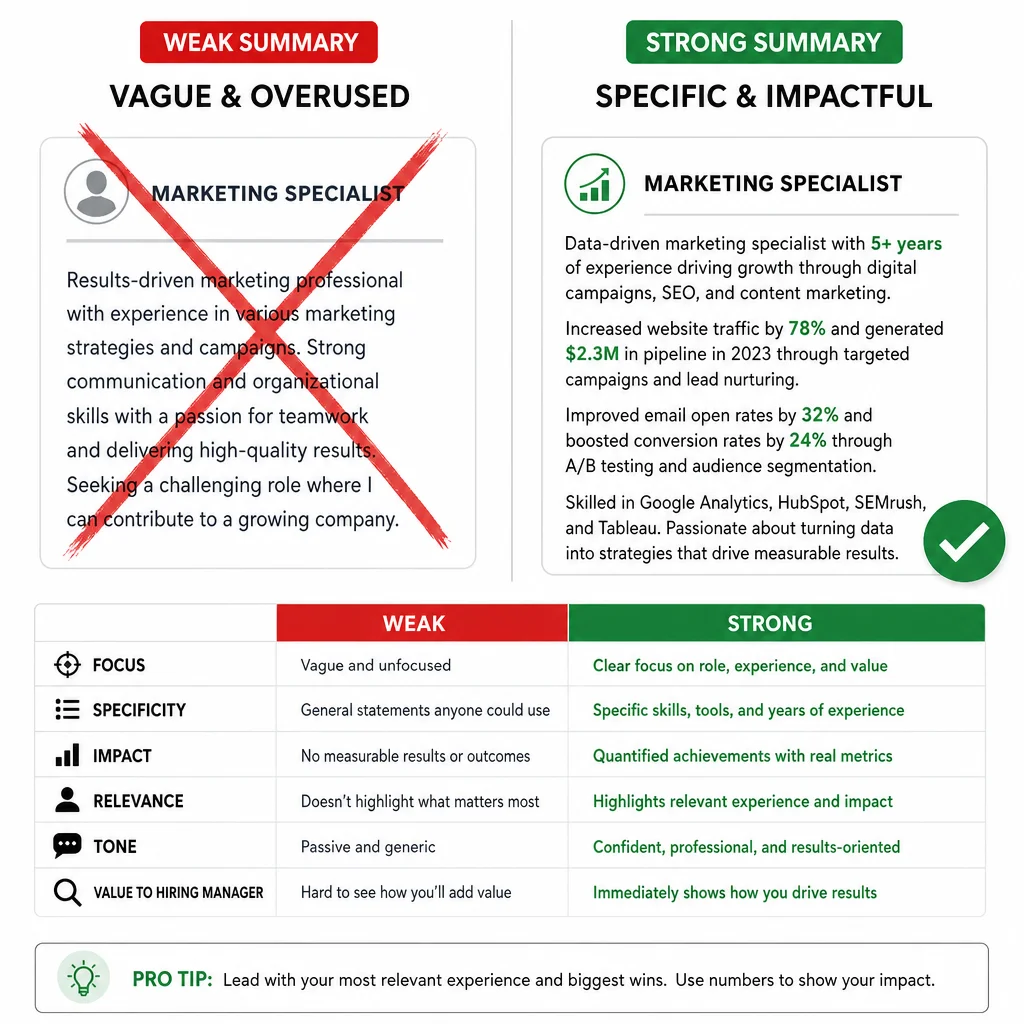 A split-screen comparison. On the left, a resume summary that reads 'Seeking a challenging position where I can utilize my skills...' with a red X over it. On the right, a specific, metrics-driven summary with a green checkmark. The comparison table below shows 'Weak' vs 'Strong' examples. Clean, modern graphic design.