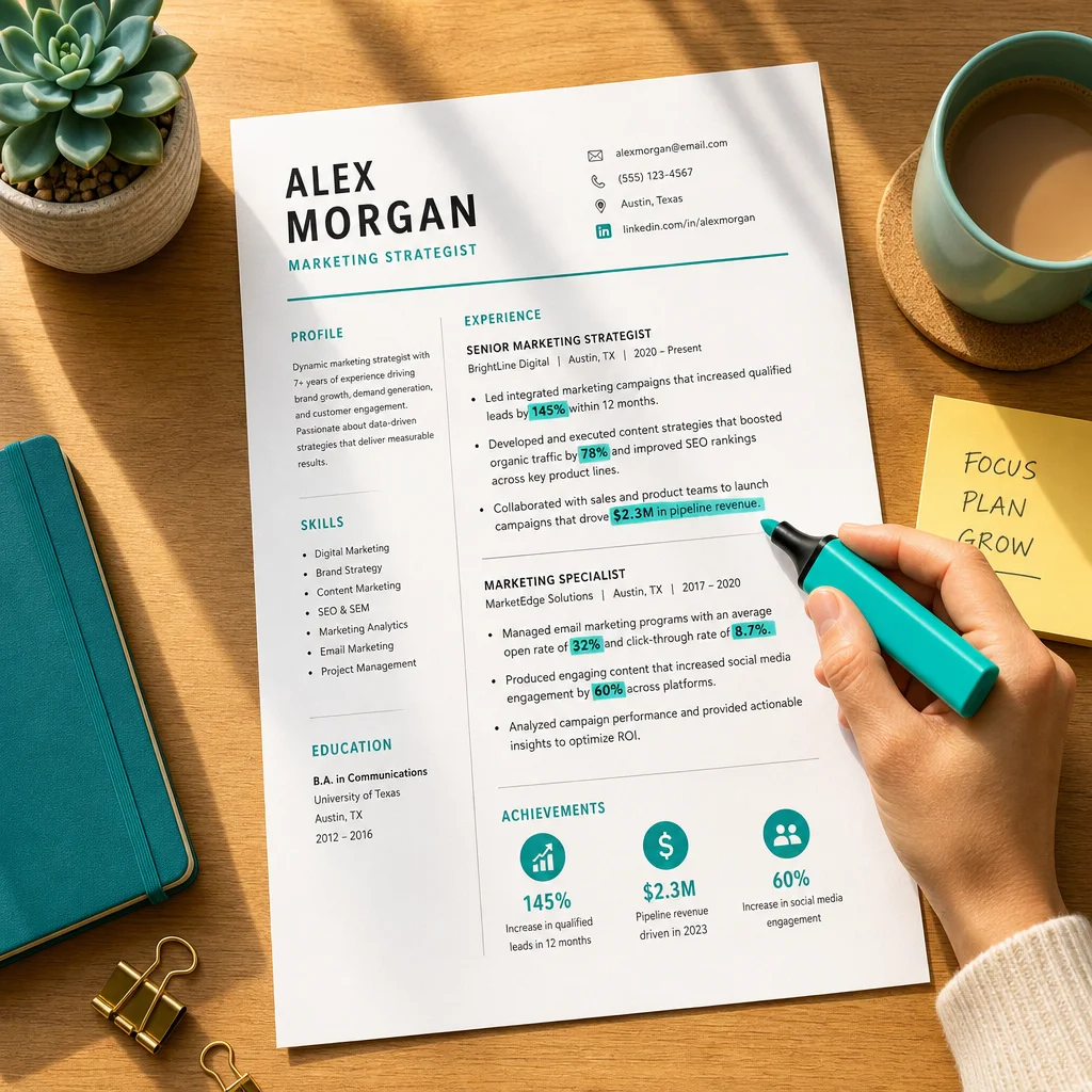 Overhead flat-lay of a resume being edited with a marker highlighting metrics, warm yellow and teal tones