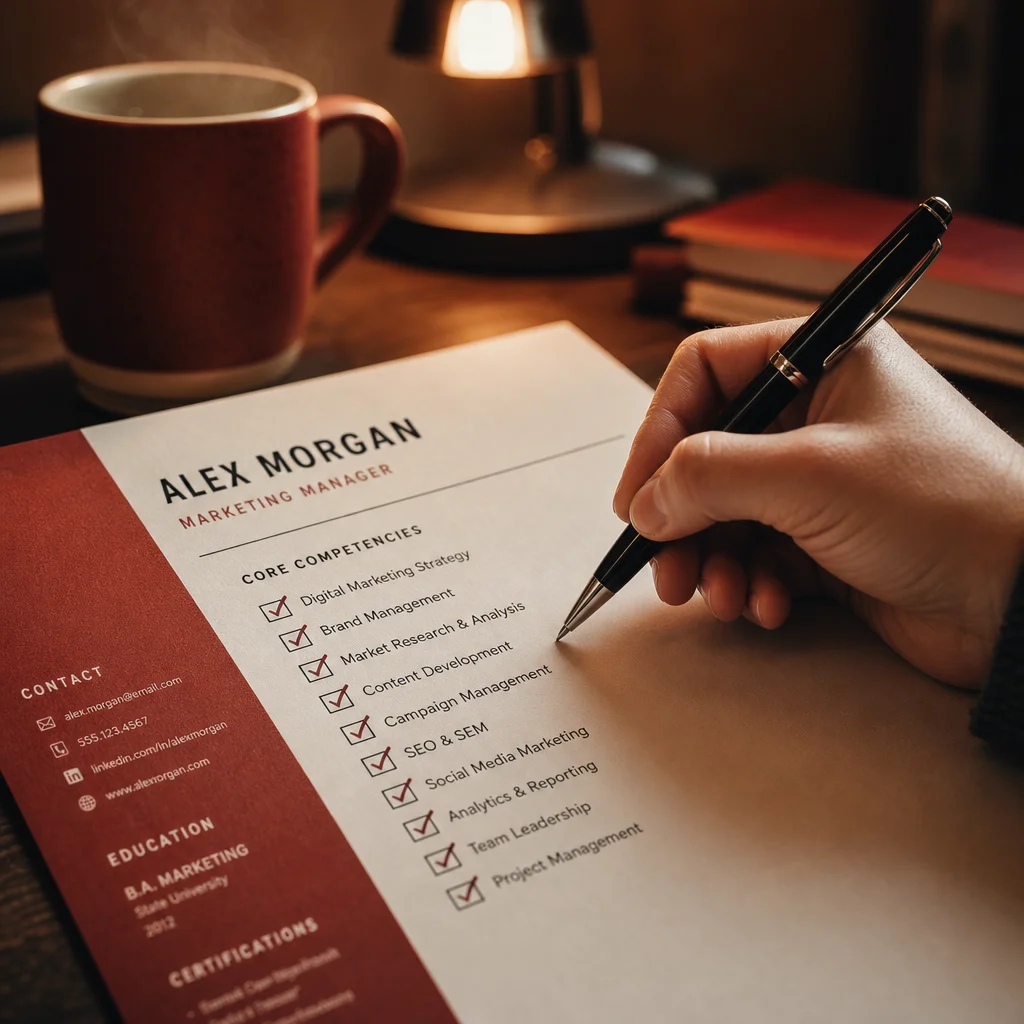 Close-up of a hand holding a pen next to a resume checklist with a coffee cup in the background, red and warm orange tones