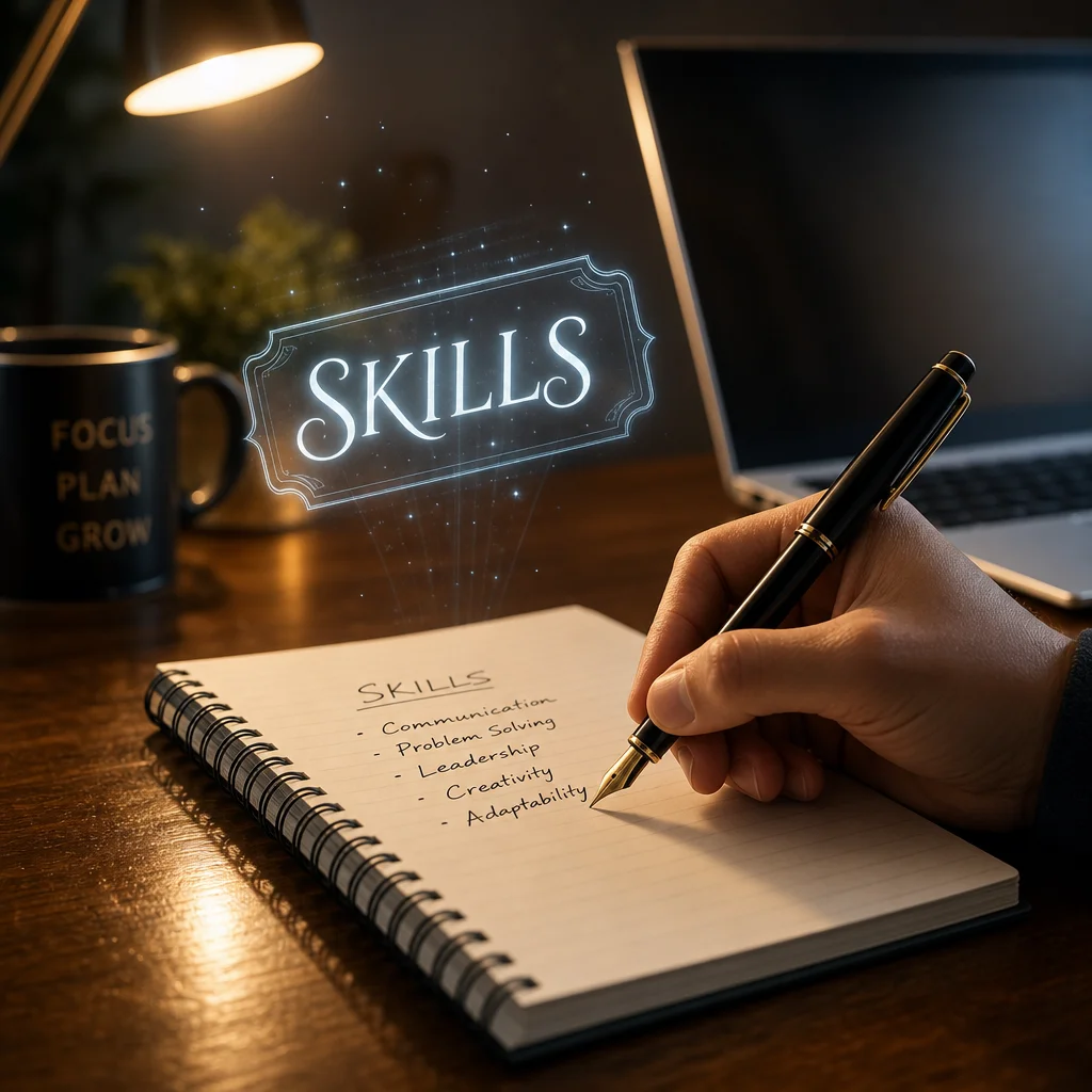 Close-up illustration of a hand writing on a notepad beside a laptop, with a glowing "SKILLS" label hovering above the page, emphasizing the reframing process