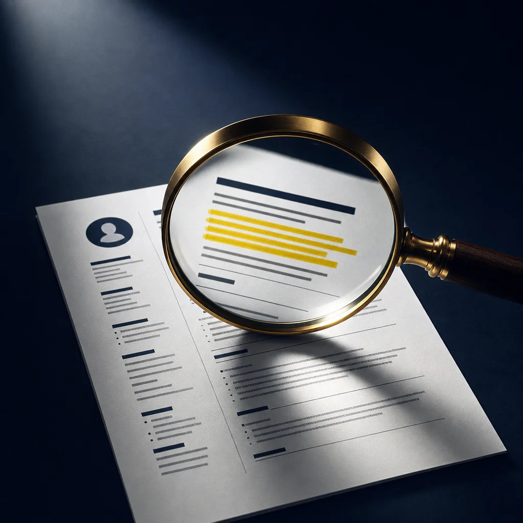 Moody, high-contrast illustration of a magnifying glass inspecting a resume sheet, showing keyword emphasis and a clean modern layout, symbolizing ATS optimization