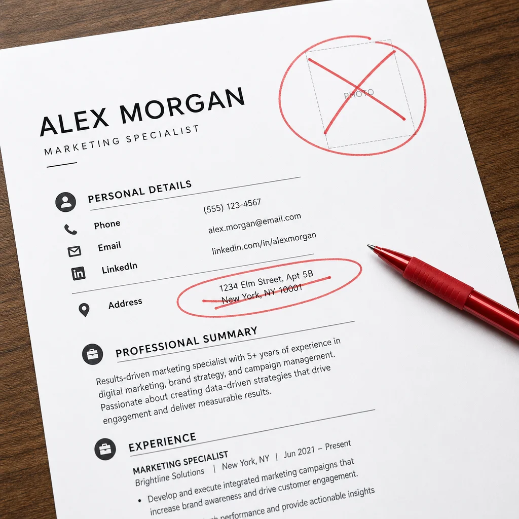 A close-up, overhead shot of a minimalist resume printout on a desk. The personal details section (name, phone, email, LinkedIn) is visible, while a red pen circling an address and a photo that are crossed out is in the frame, emphasizing what to remove.