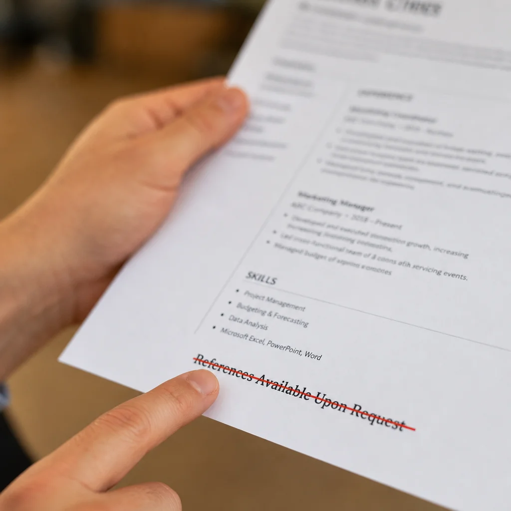 A side-angle shot of a person's hands holding a printed resume, with a finger pointing to the bottom of the page where the words "References Available Upon Request" are crossed out with a red marker. The focus is sharp on the crossed-out text, with the rest of the page slightly blurred.