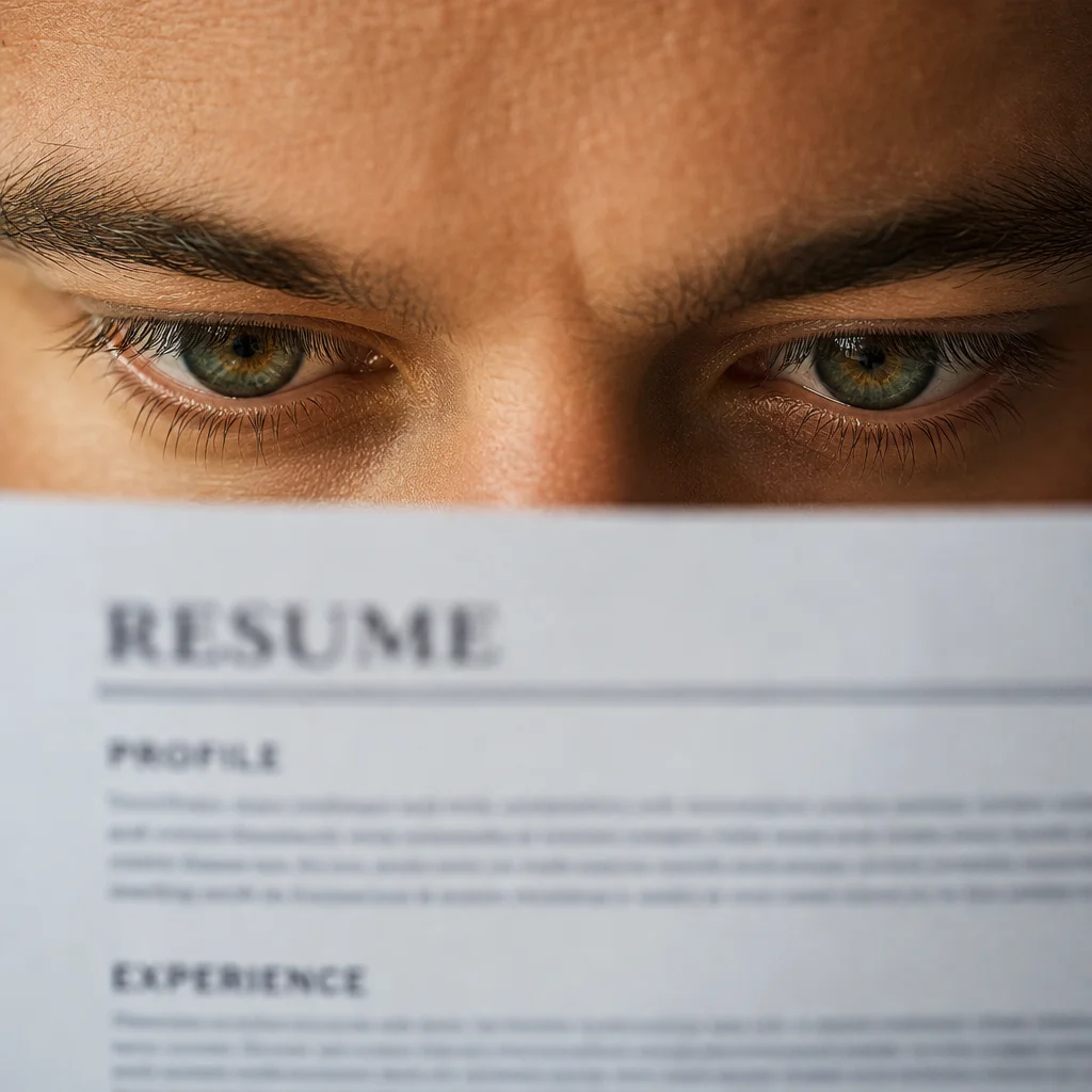 A close-up macro shot of human eyes scanning text on a printed resume. The eyes are partially visible above the top edge of the paper, with the resume text slightly blurred in the foreground to emphasize focus and attention. Soft, warm lighting.