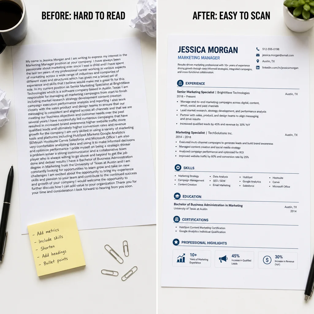 A split-screen comparison. On the left, a cluttered resume with dense paragraphs and no clear headings. On the right, a clean, scannable resume with bold headers, bullet points, and lots of white space. Both shown as flat-lay on a white desk.
