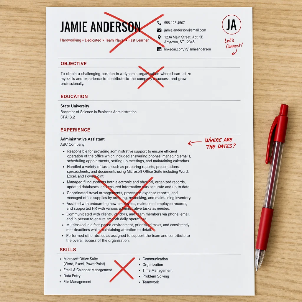 A top-down view of a resume with several red 'X' marks over common mistakes: a cluttered header, missing date range, a vague objective statement, and overly dense paragraph text under a job entry. A red pen rests beside the paper.