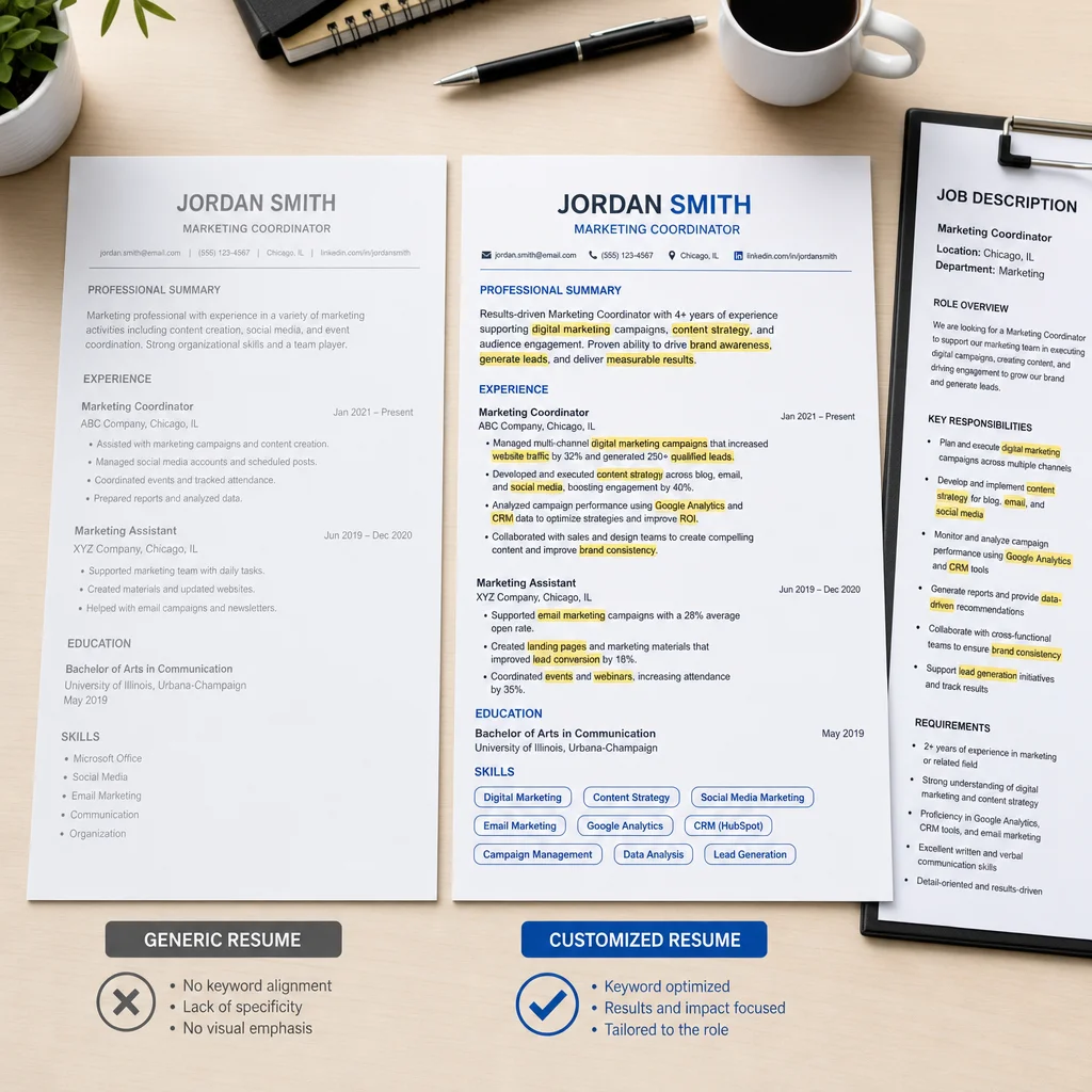 Two versions of a resume side by side. Left side: a generic, templated resume with faded text and no highlights. Right side: a customized resume with highlighted keywords matching a job description partially visible in the frame. Clean, bright, professional lighting.