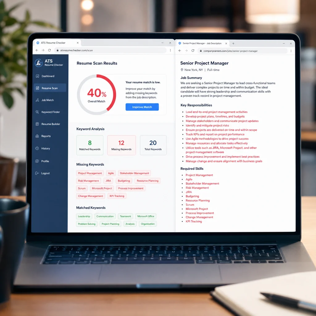 A laptop screen showing an ATS software interface with a resume being scored. The score is low (40%) and the interface highlights missing keywords in red. A job description is visible in a second tab. Modern, tech-forward visual style.