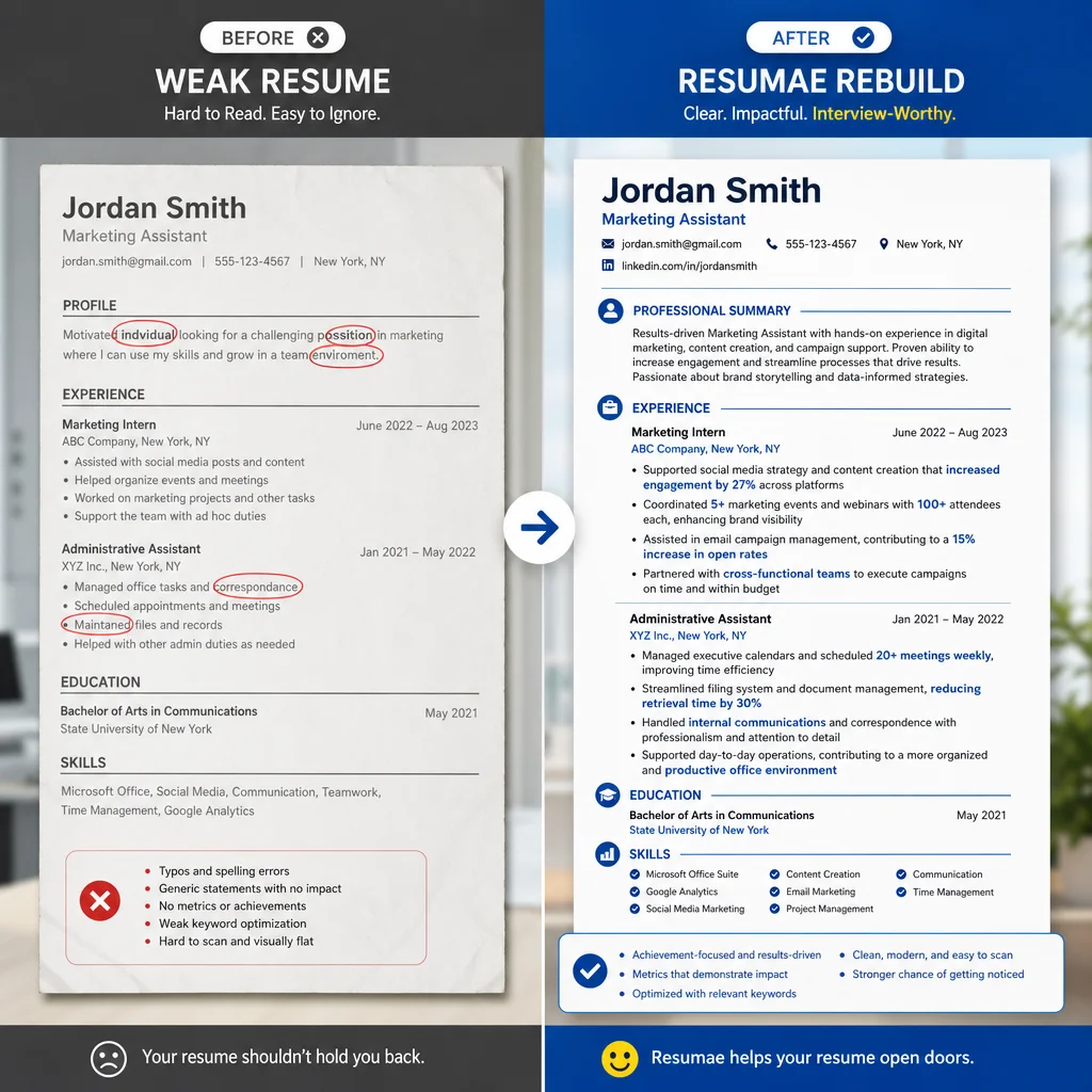 A split-screen comparison. On the left: a weak resume with red flags highlighted (typos circled in red, generic text faded). On the right: the same person's resume rebuilt using Resumae — clean, achievement-focused, keyword-optimized. Bright, hopeful, transformational.